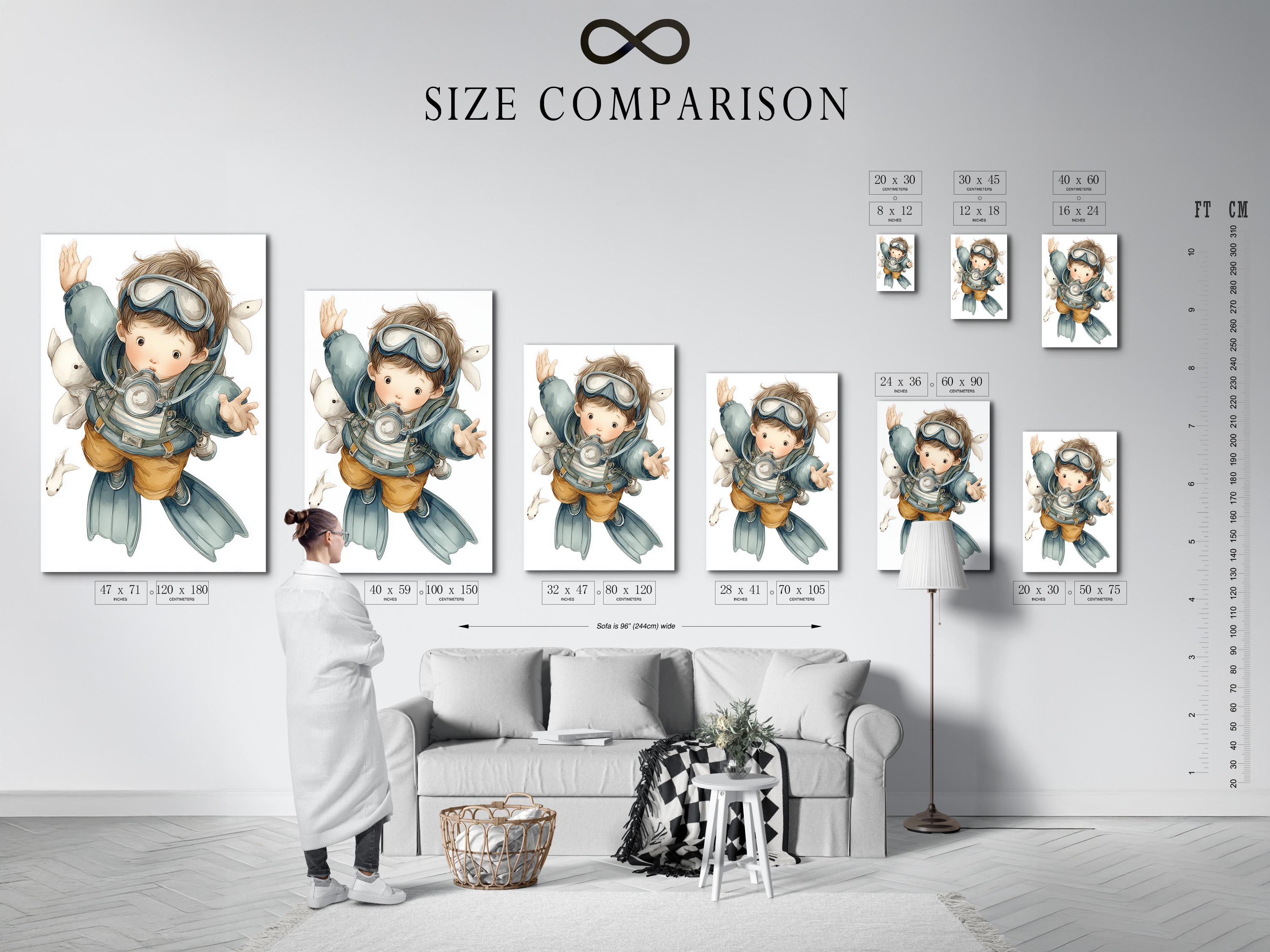 Scuba diving boy illustration with underwater fish floating around him detail view