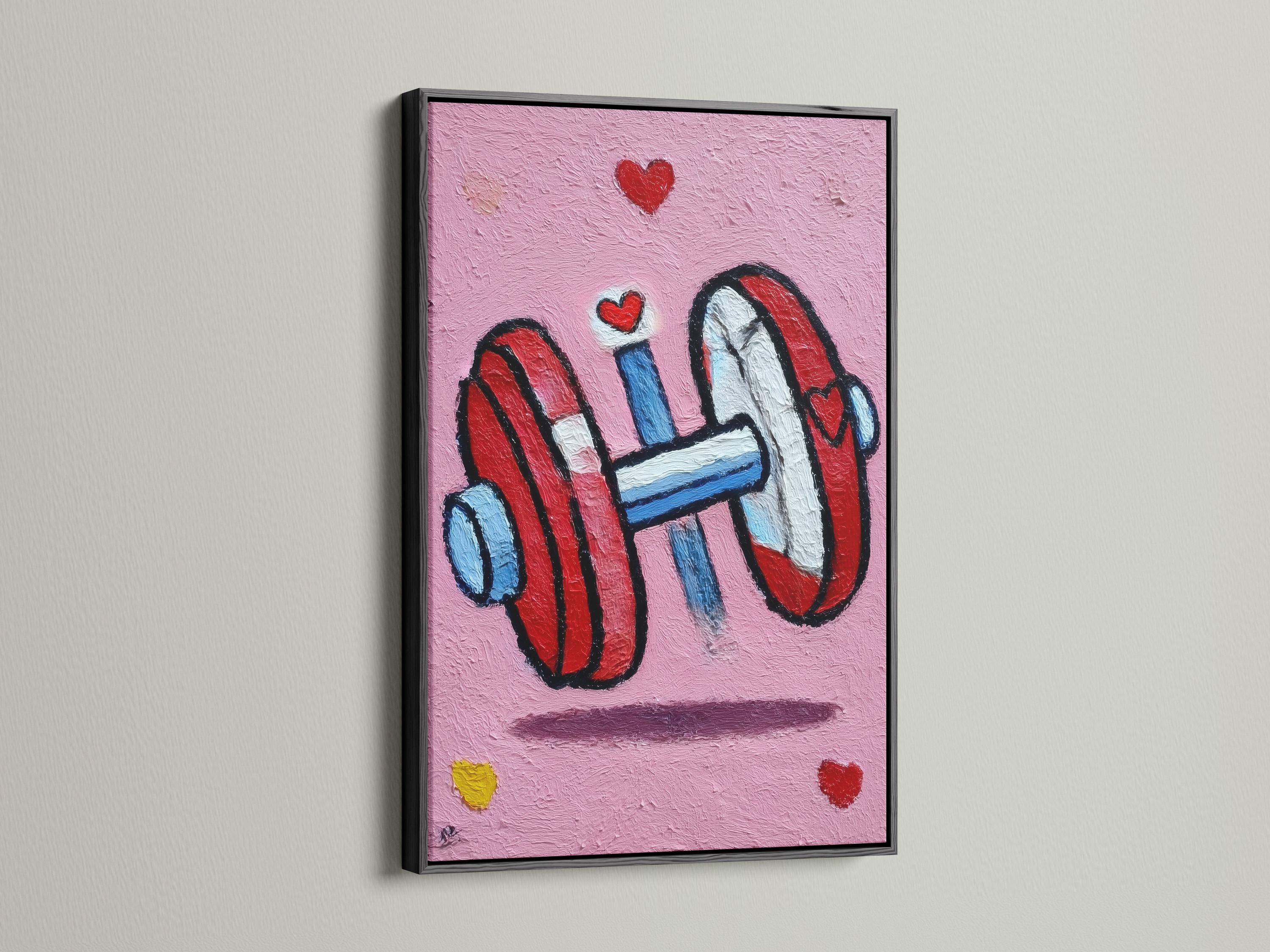 Room mockup showing a pink framed fitness artwork with a weightlifter holding a bar and red hearts