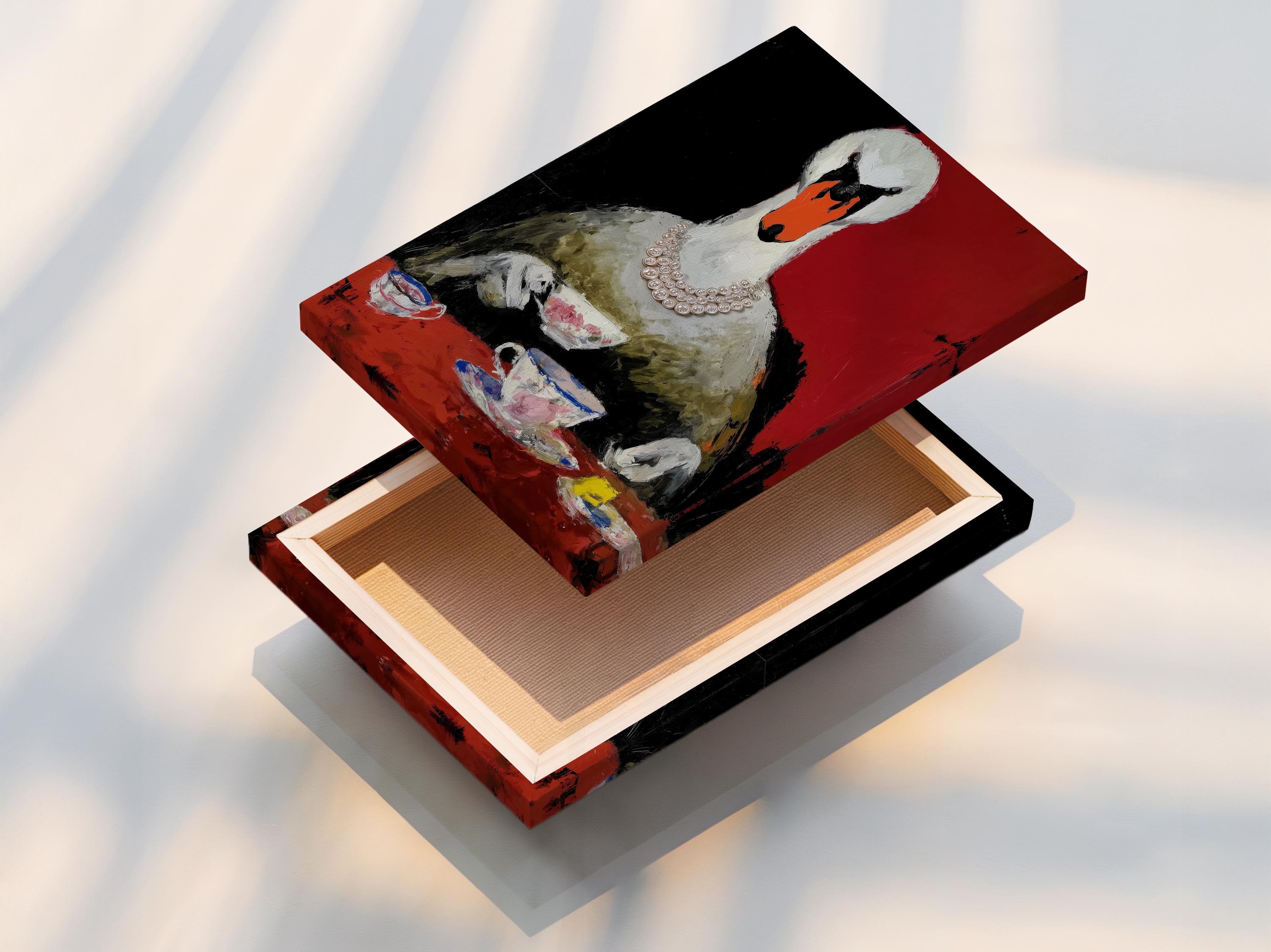 Stylised swan portrait in red and black with a pearl-like necklace detail view