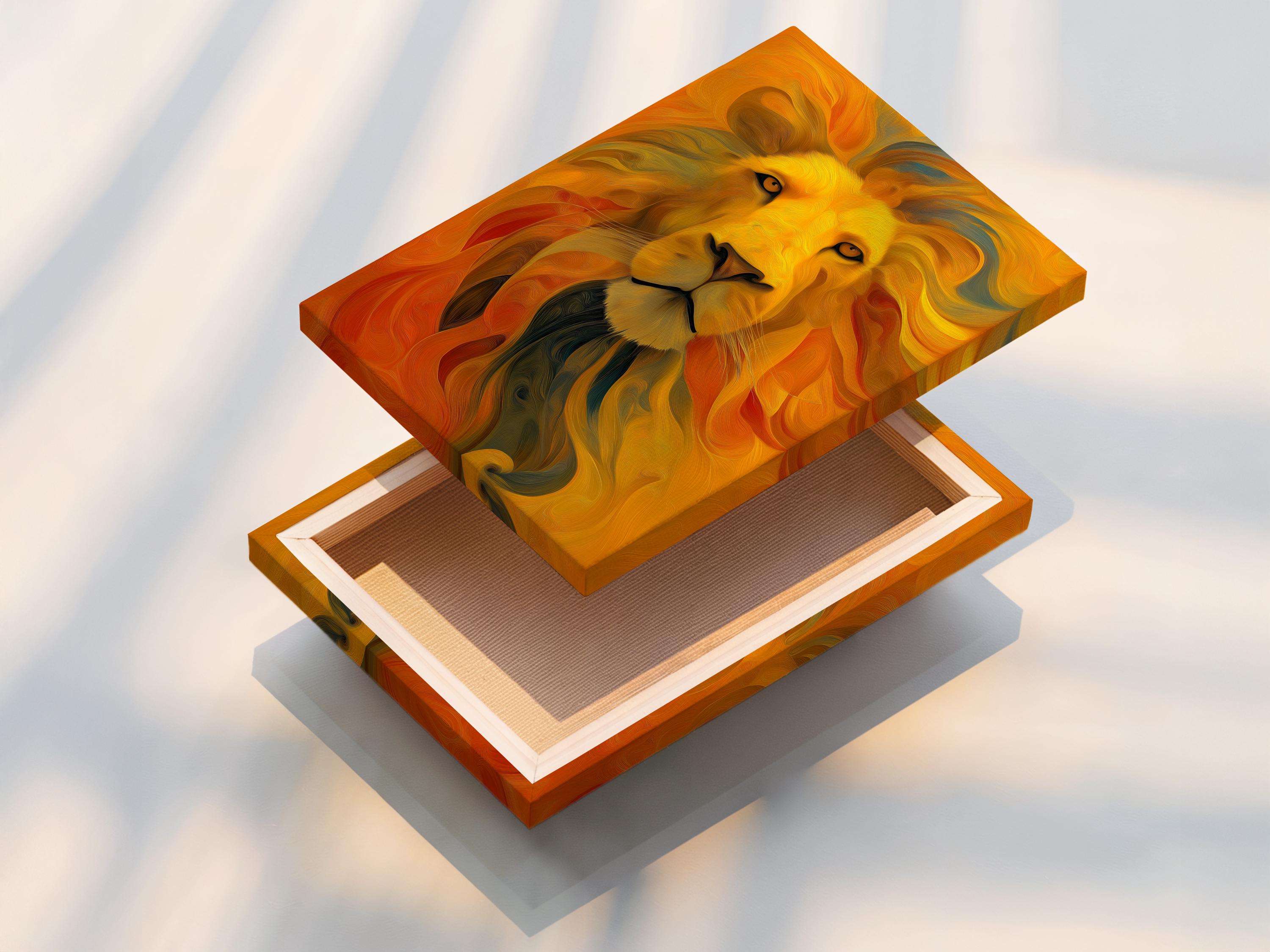 Stylised lion portrait with warm gold and orange swirls, teal tones, and dark eyes detail view