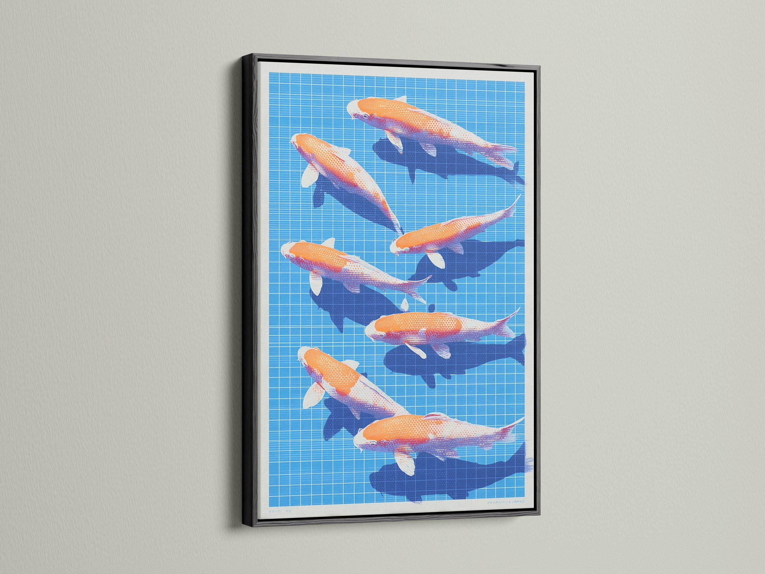Orange koi fish swimming on a bright blue grid background with dark blue water shapes detail view