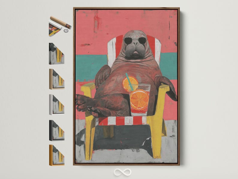 Stylised walrus wearing oversized sunglasses with a coral and teal background and a drink with an orange slice
