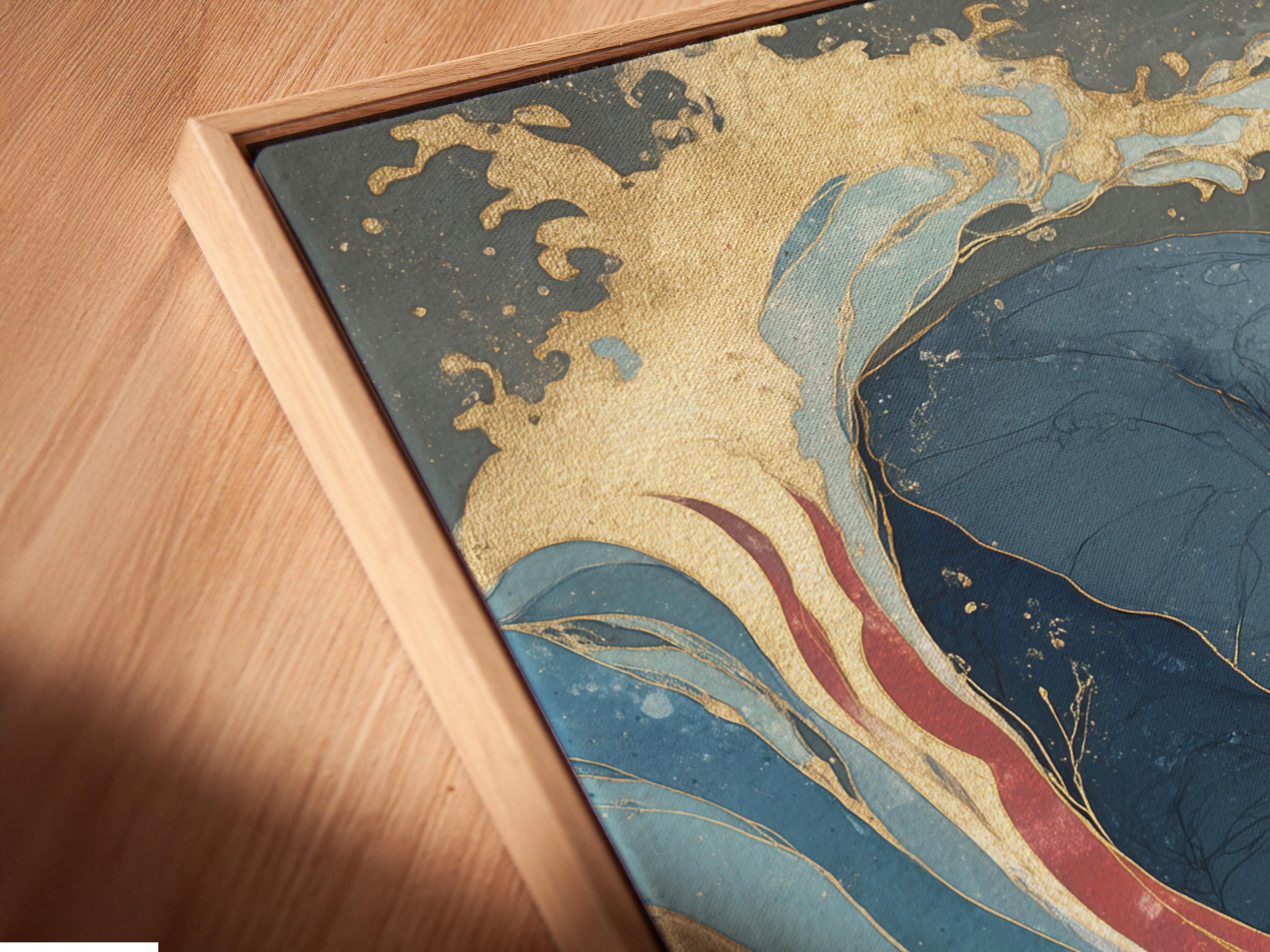 Blue and gold elephant emerging from ocean waves artwork detail view