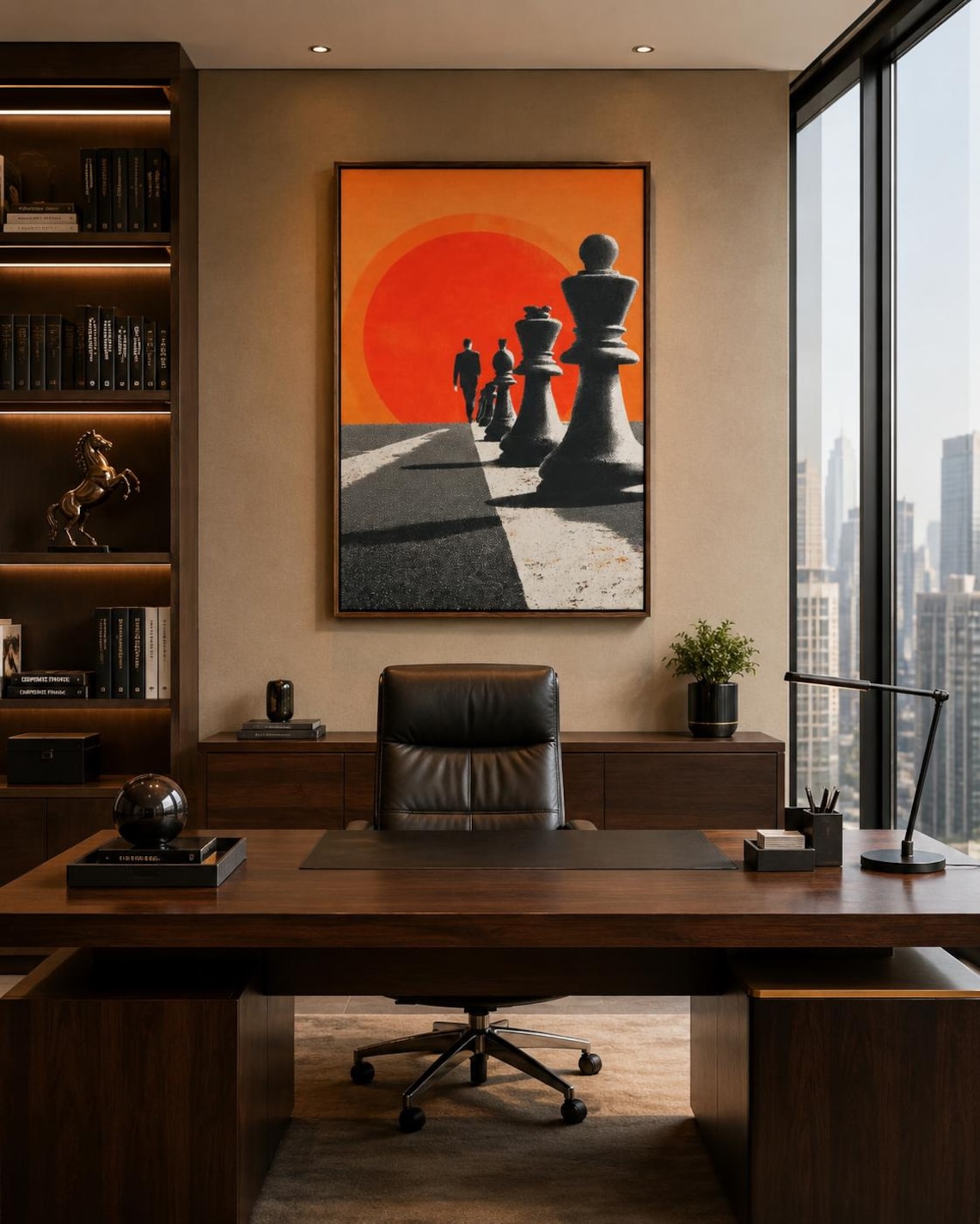 Chess wall art in an office or lounge setting with warm lighting