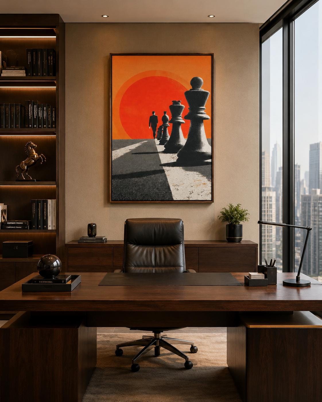 Chess wall art in an office or lounge setting with warm lighting