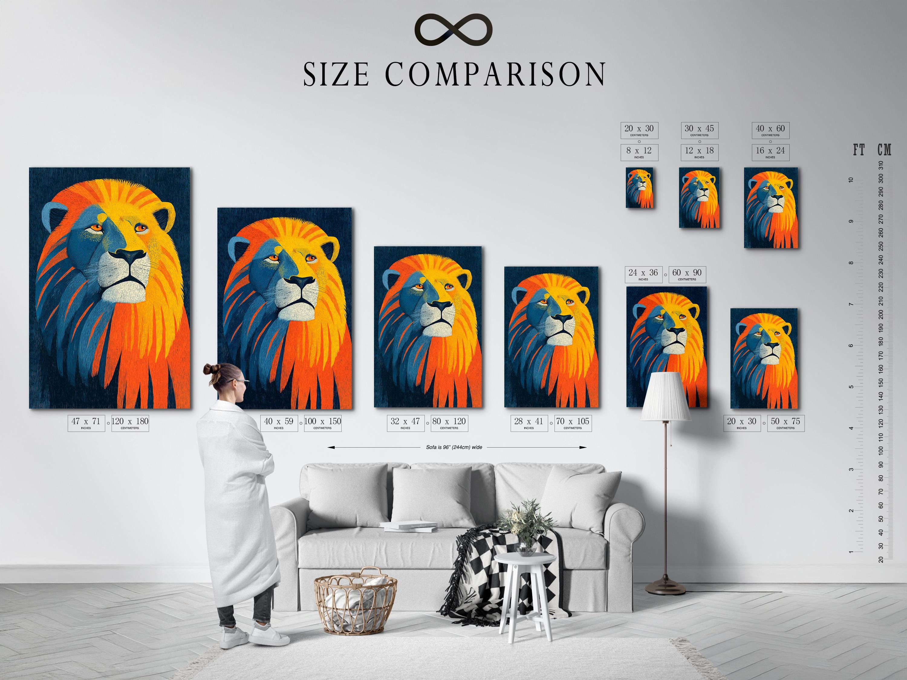 Stylised lion portrait in blue with orange and yellow mane streaks detail view