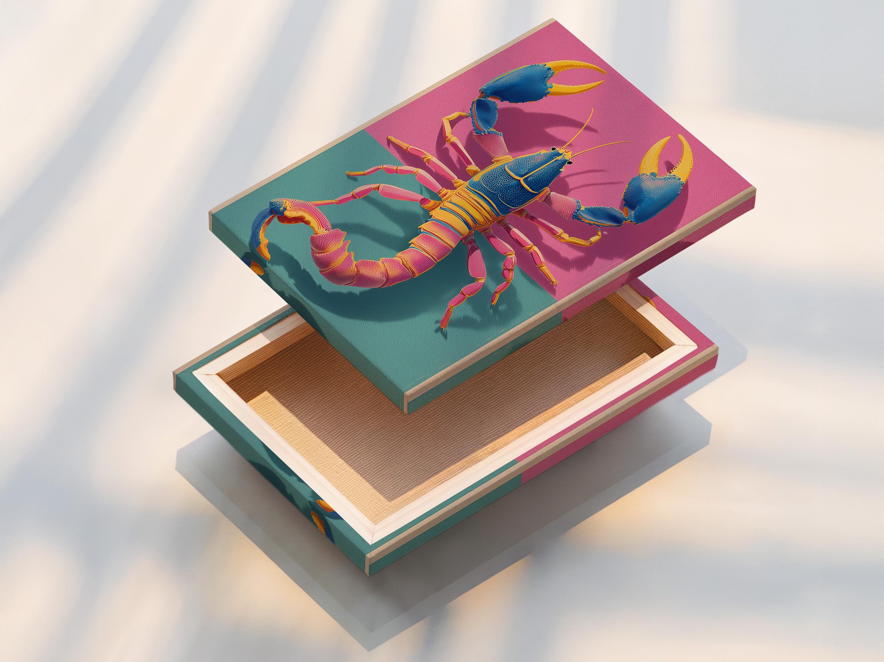 Stylised blue lobster with gold claws on a hot pink and teal sea background detail view