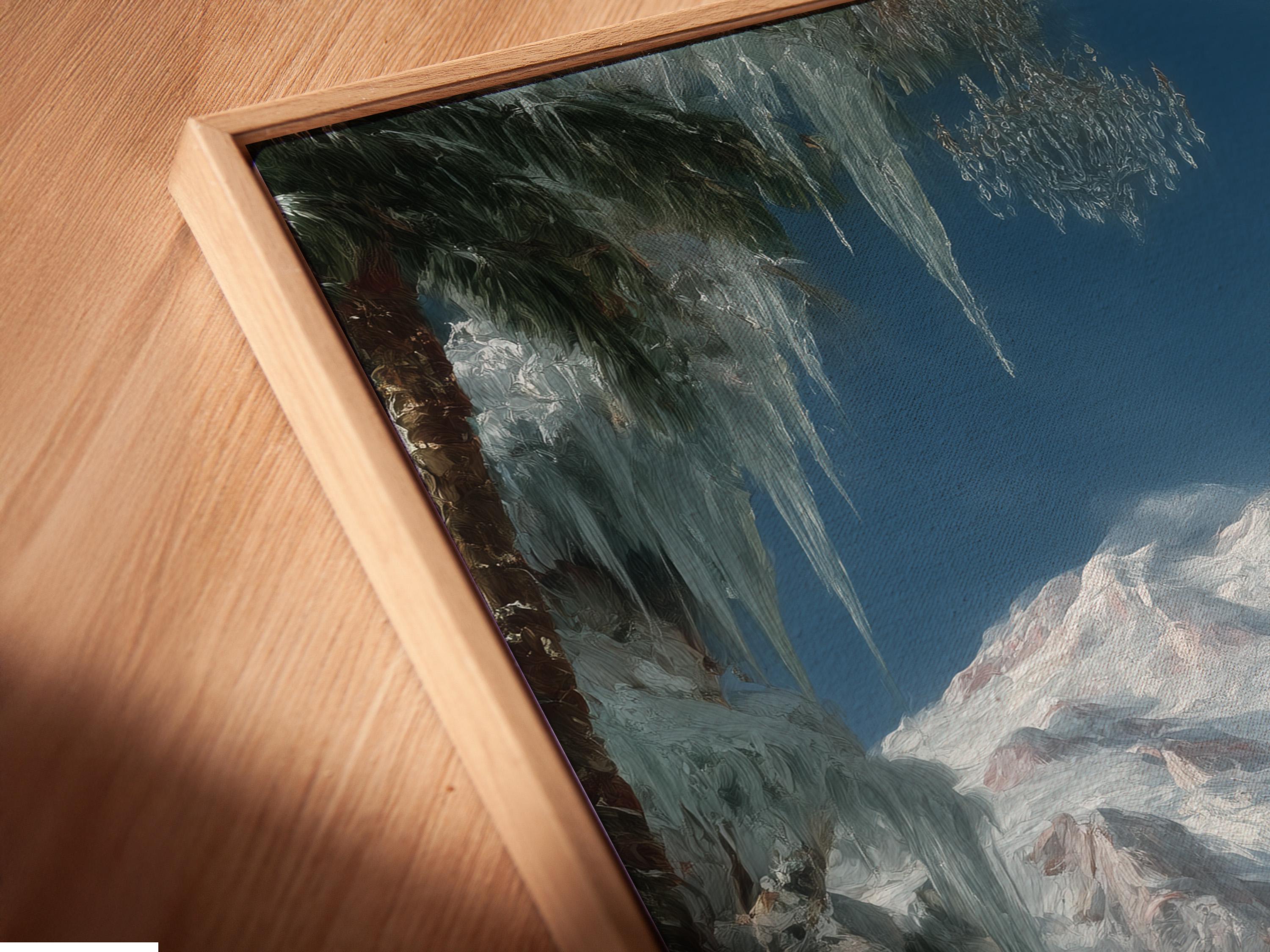 Wall mockup showing a framed snowy mountain cable car artwork on a light background