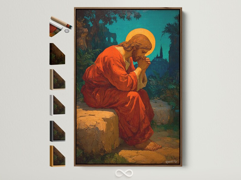 Praying figure with an orange halo, robed in red, against a teal landscape background