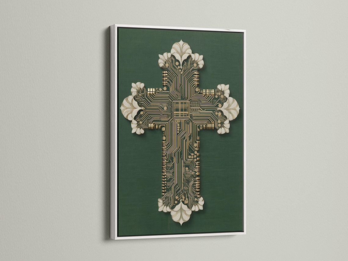 Gold circuit-board cross motif on a deep green background with white petal-like accents detail view