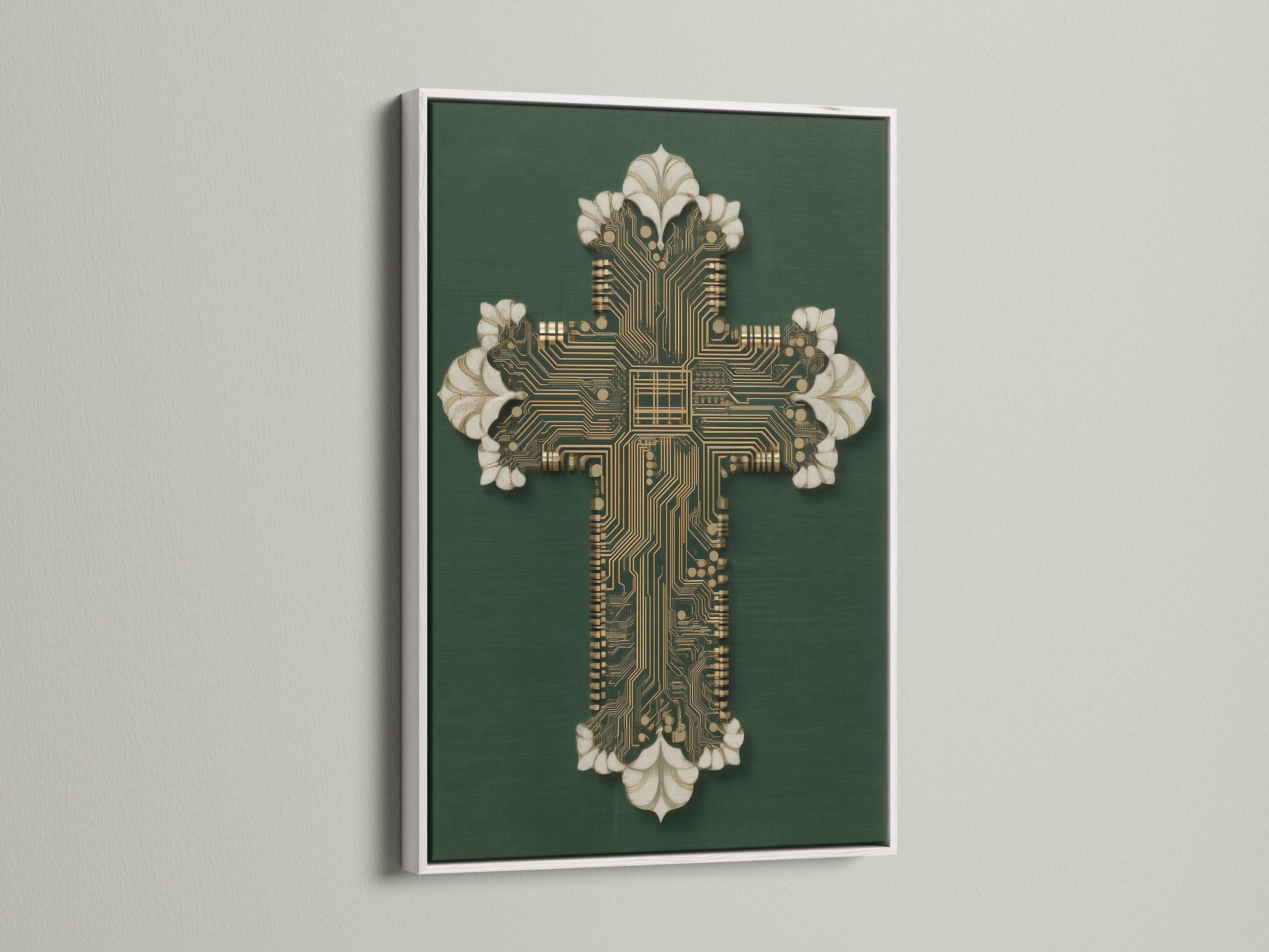 Gold circuit-board cross motif on a deep green background with white petal-like accents detail view