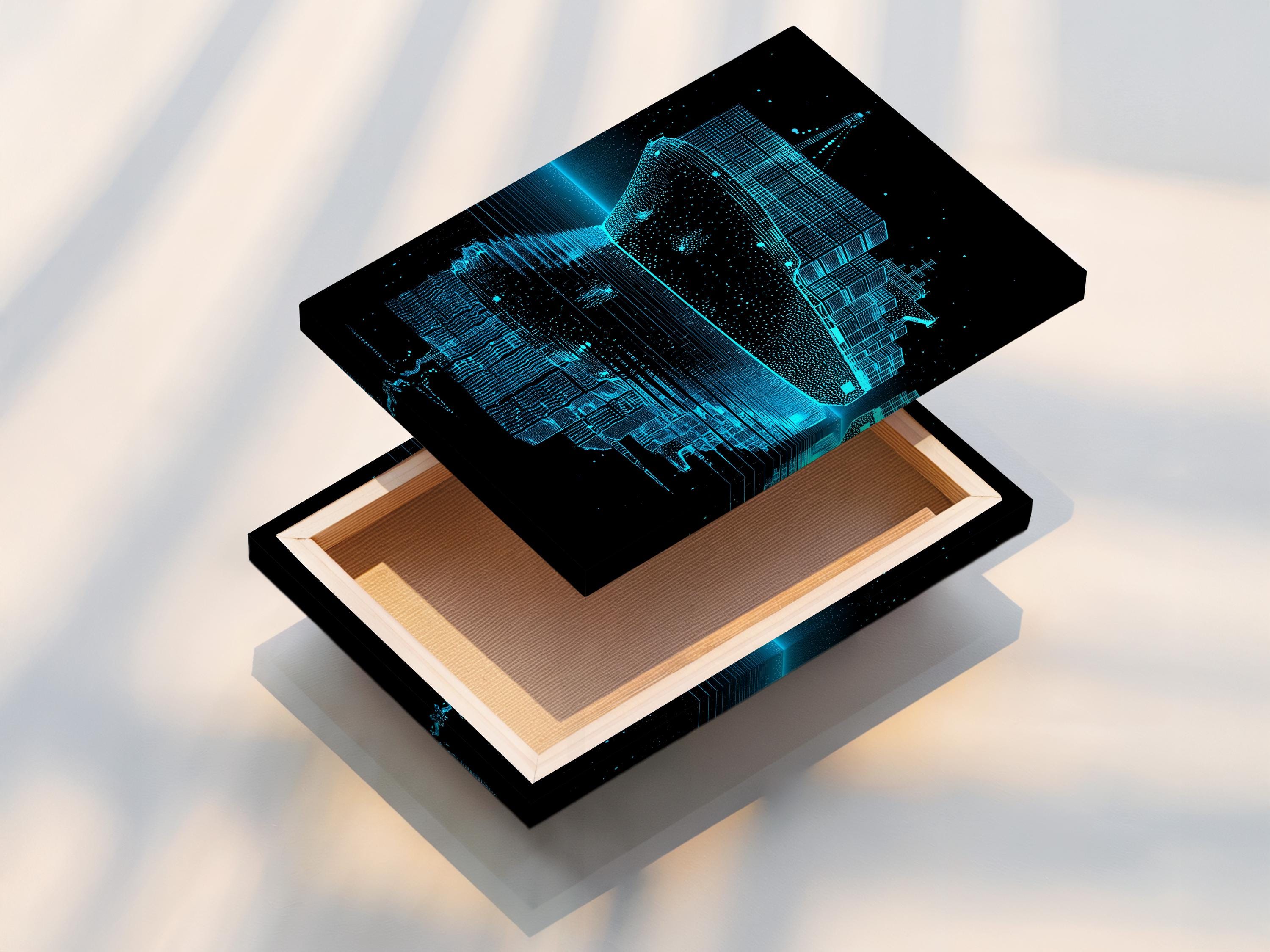 Cyan blueprint cargo ship on a dark background with dotted lines and water reflection detail view