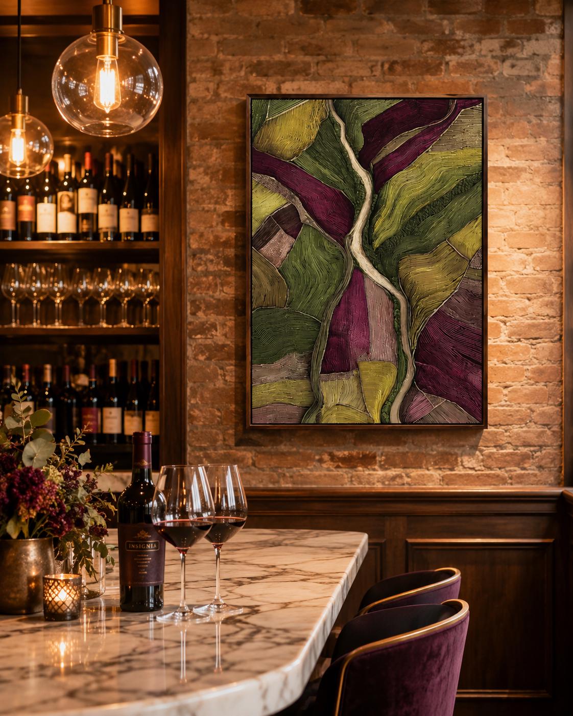 Room mockup with a framed abstract landscape artwork in green and plum tones