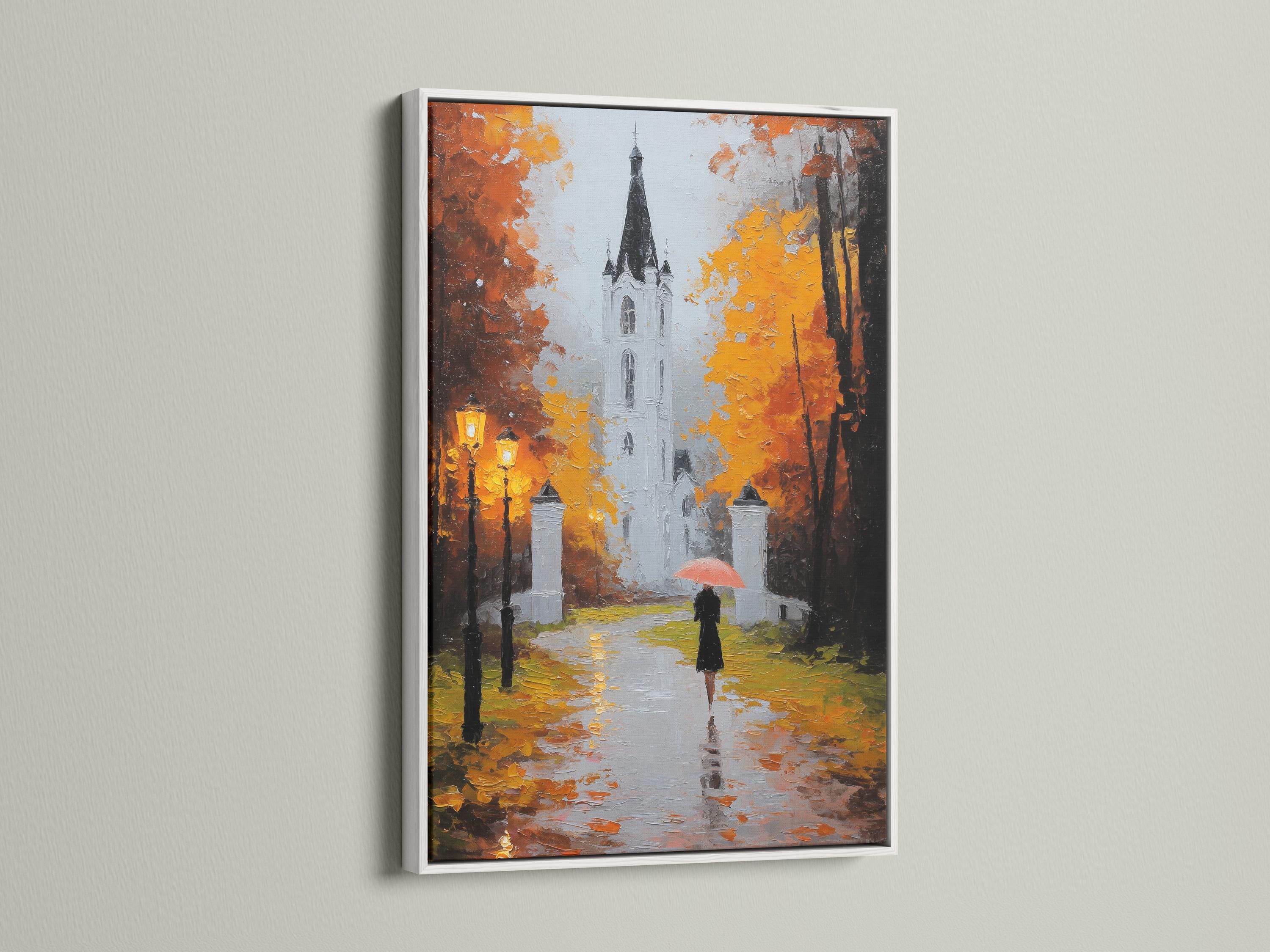 Painterly autumn street scene with a white church, orange leaves, and a figure holding a red umbrella detail view