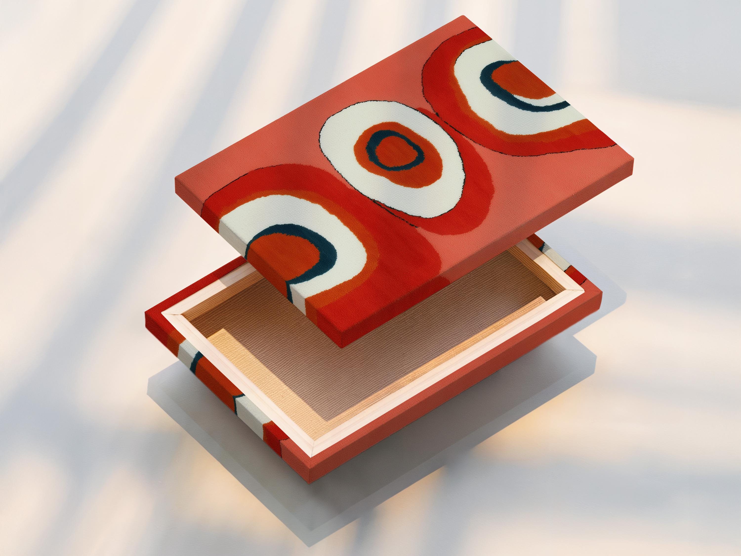 Coral and navy abstract artwork with retro ring shapes and off-white circular centres detail view