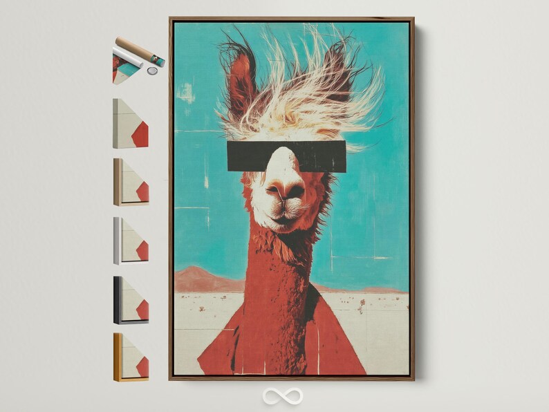 Stylised llama portrait on a turquoise background with rust-brown body and cream fur lines