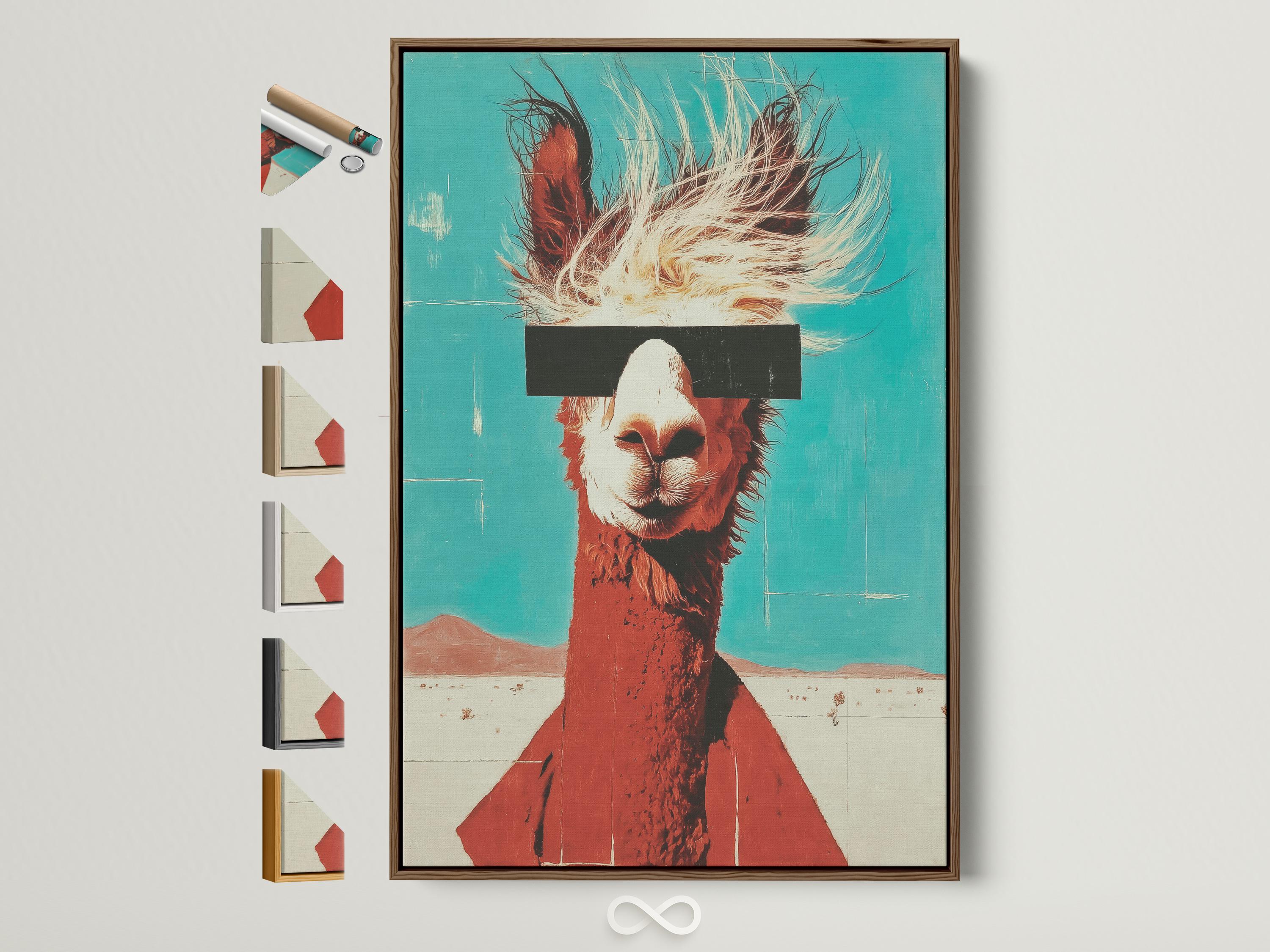 Stylised llama portrait on a turquoise background with rust-brown body and cream fur lines