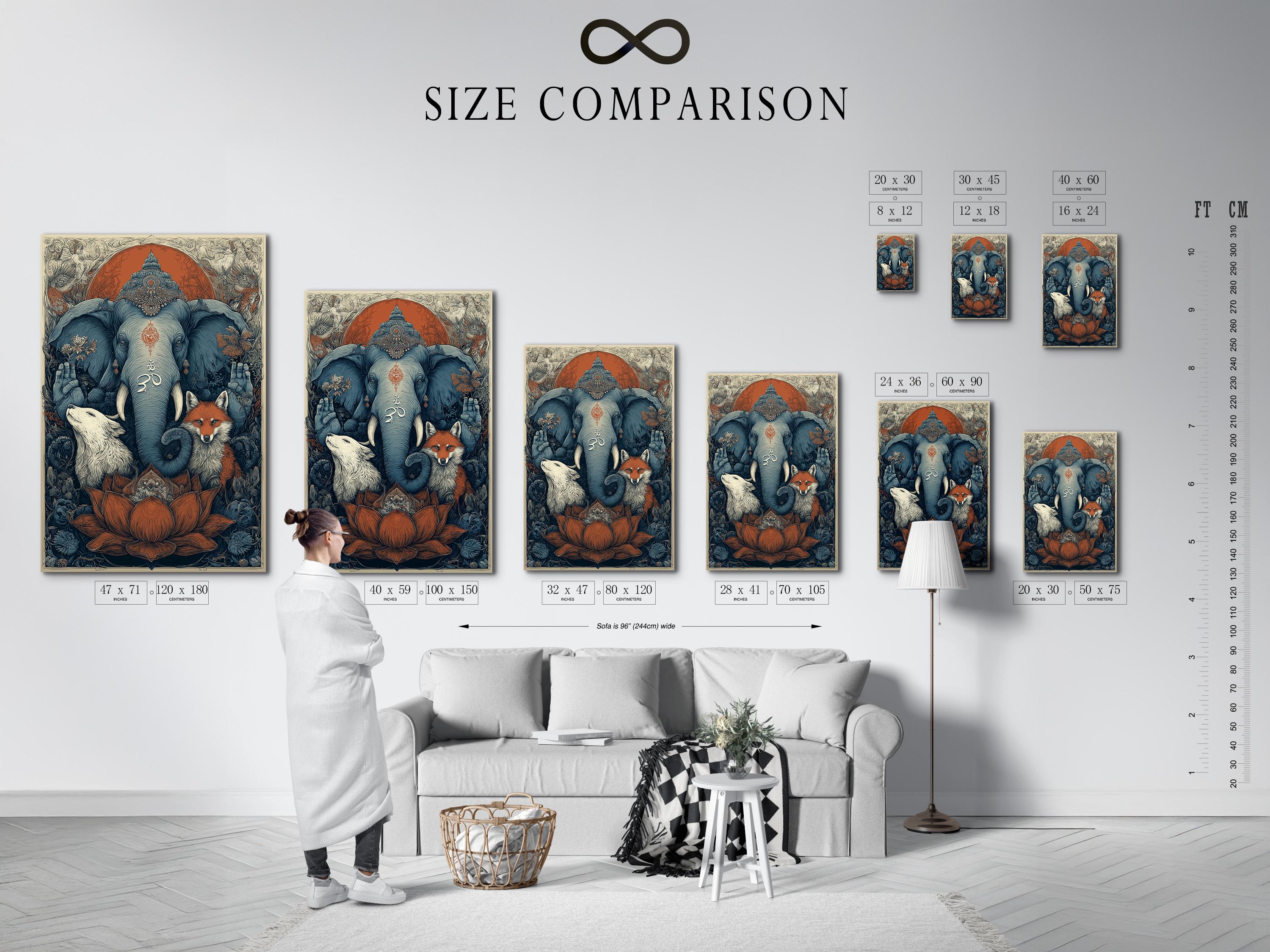 Ornate spiritual animal illustration of a blue elephant with an om symbol, fox and wolf in a forest scene detail view
