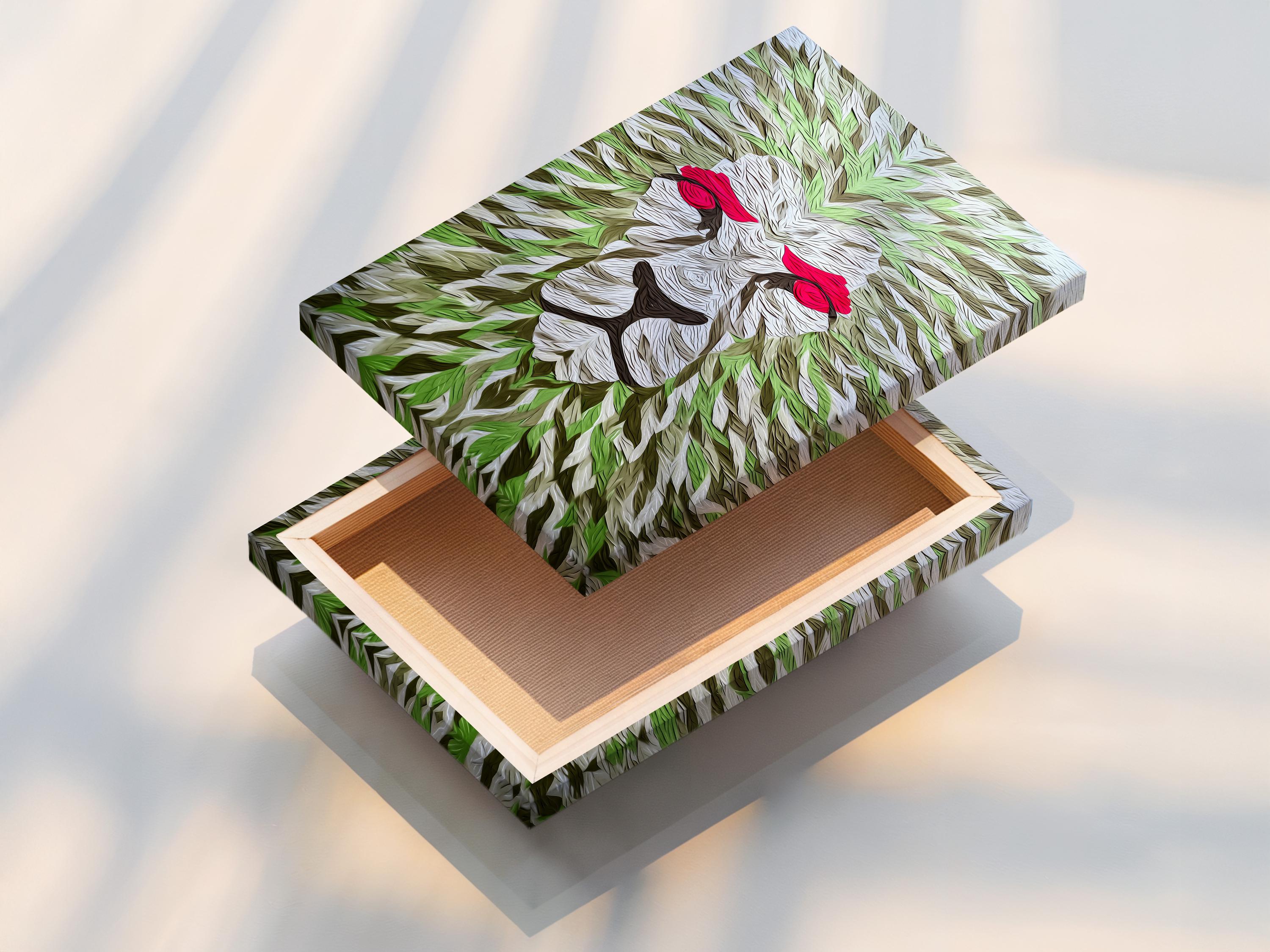 Room mockup showing a large lion artwork with green leaf pattern and red eyes above a bed