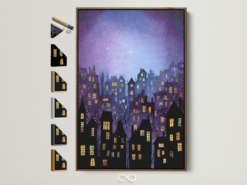 Night cityscape with purple sky, moon glow, black buildings and glowing yellow windows