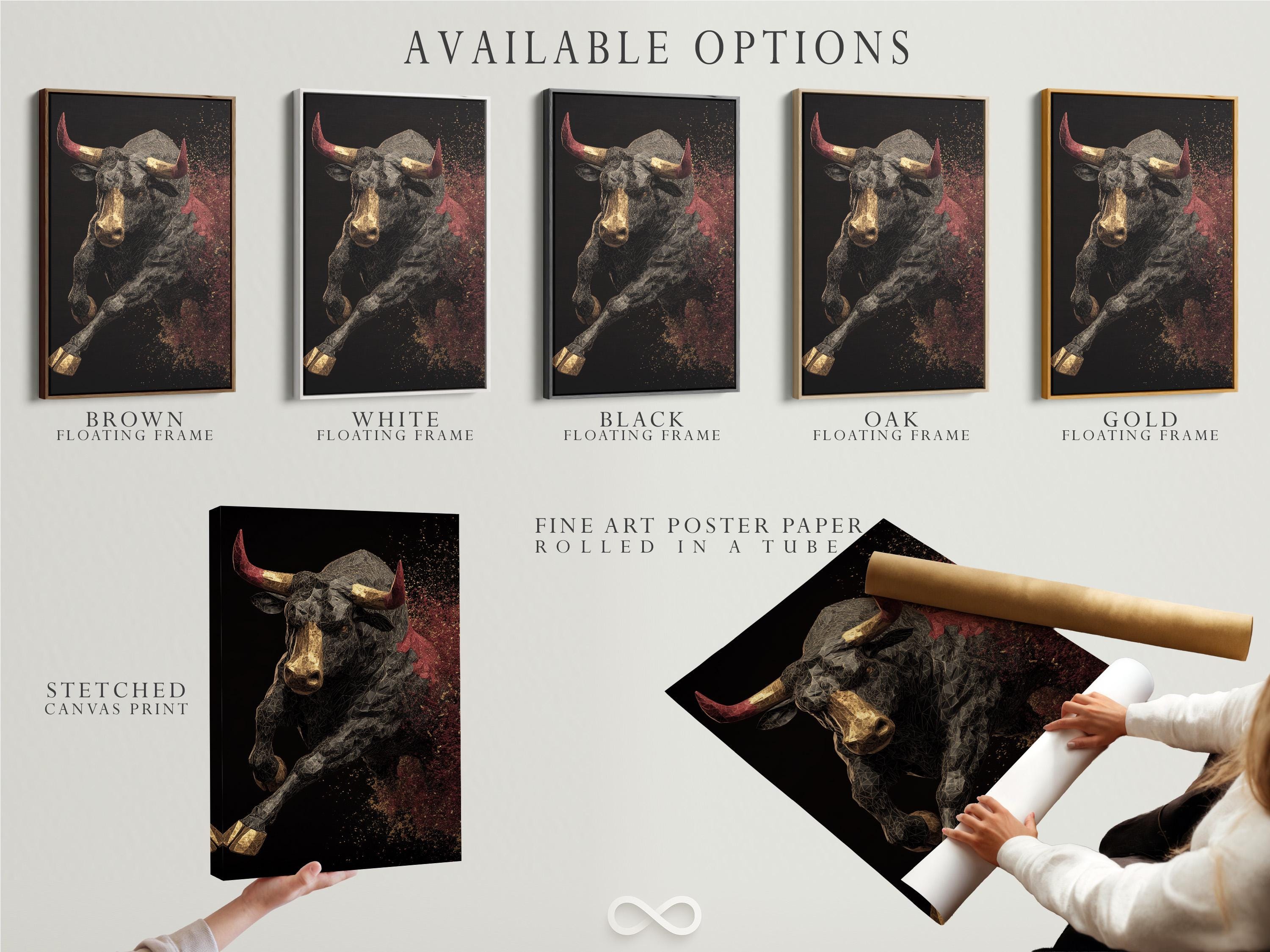 A geometric bull portrait in gold, black and grey sits against a dark background, with red horn accents and a sparkling speckled sky on the right