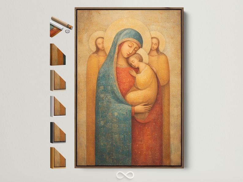 Madonna and Child religious icon with teal and coral robes and golden halos