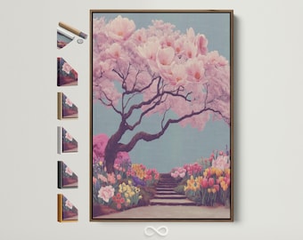 Cherry Blossom Tree Art - Japanese Garden Canvas Print, Pink Sakura Wall Art for Bedroom Decor