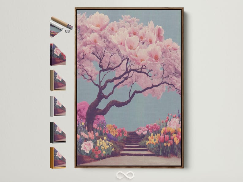 Cherry blossom tree illustration with pale pink blossoms and a winding flower-lined path