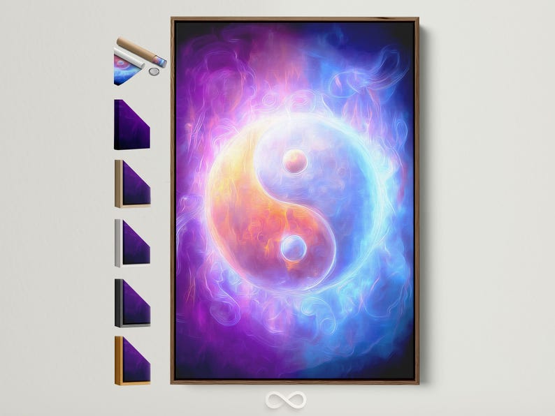 Abstract yin-yang inspired swirls in purple and blue with a glowing central circle
