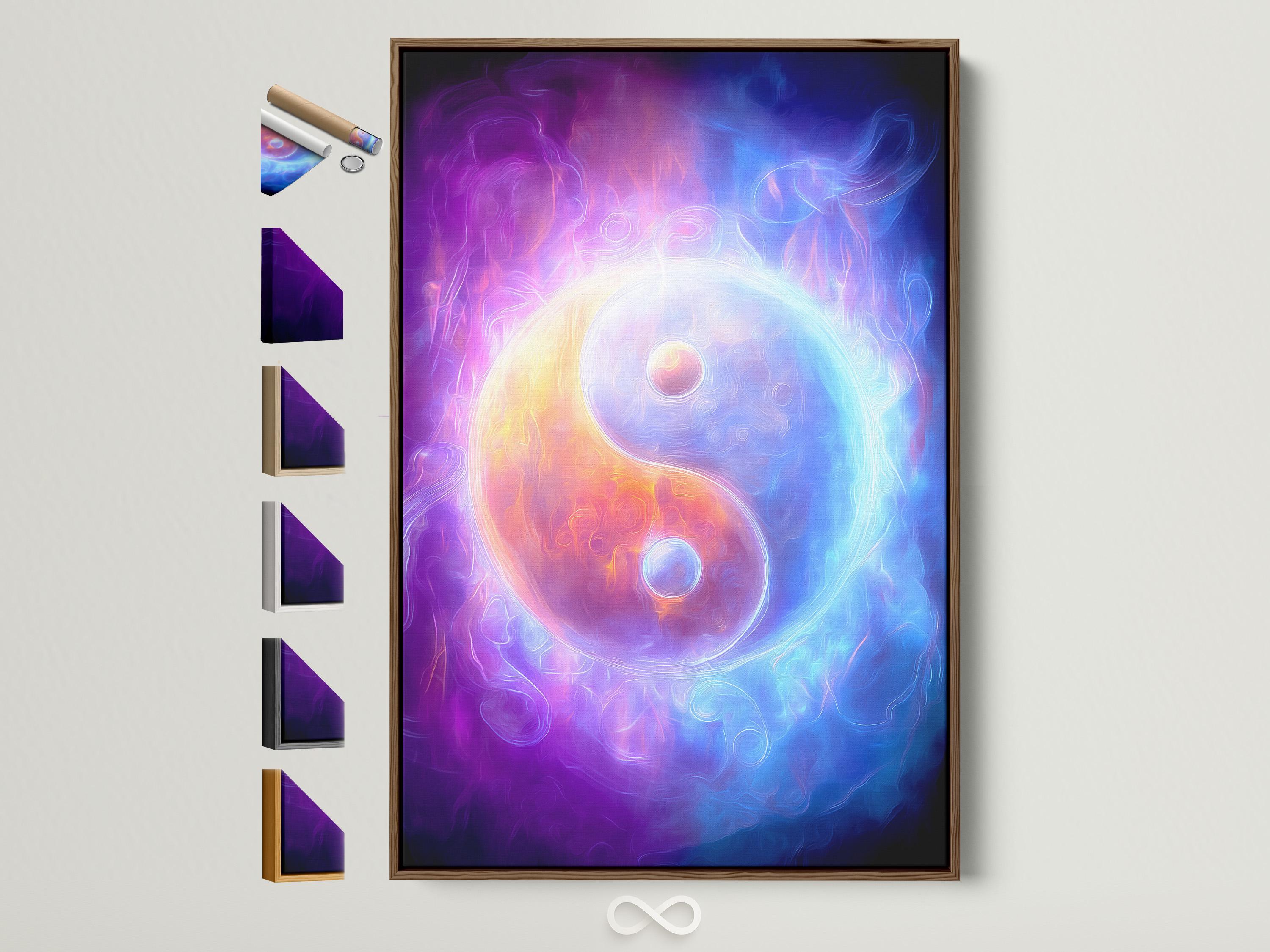 Abstract yin-yang inspired swirls in purple and blue with a glowing central circle