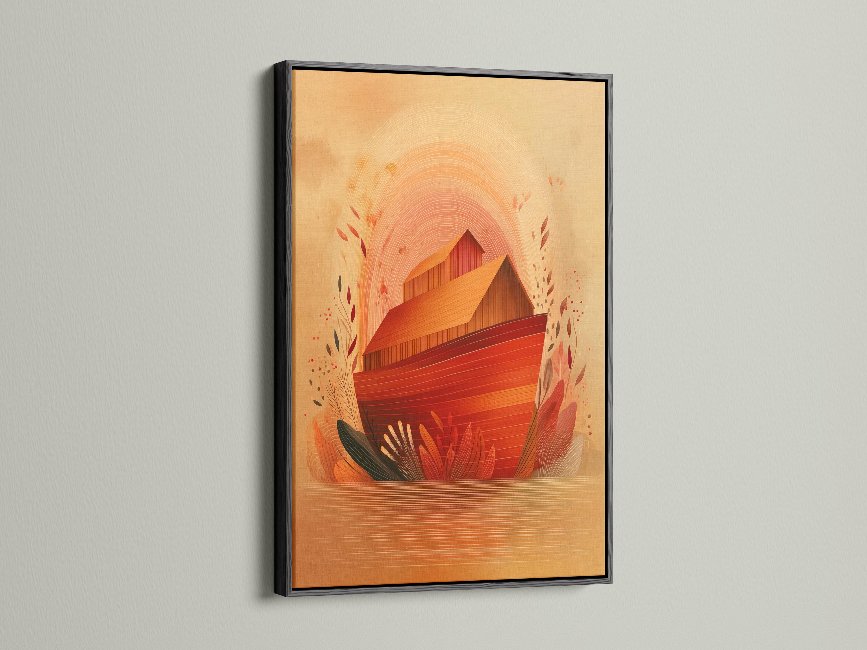 Terracotta and ochre abstract barn-house with arched lines and stylised green leaves detail view