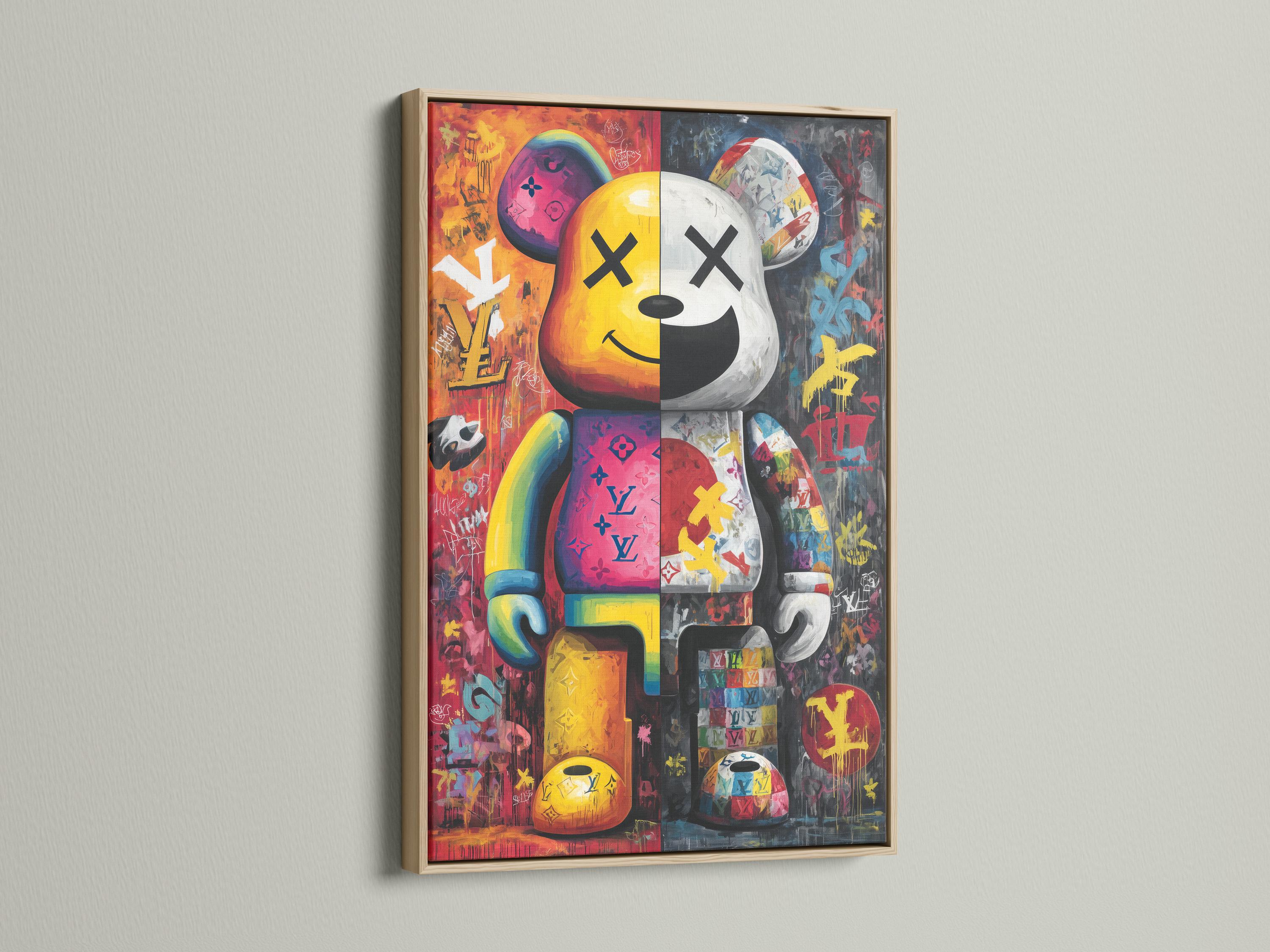 A bright pop-art style bear figure is shown amid graffiti-like colours and stickers, framed by bold black outlines and layered poster textures detail