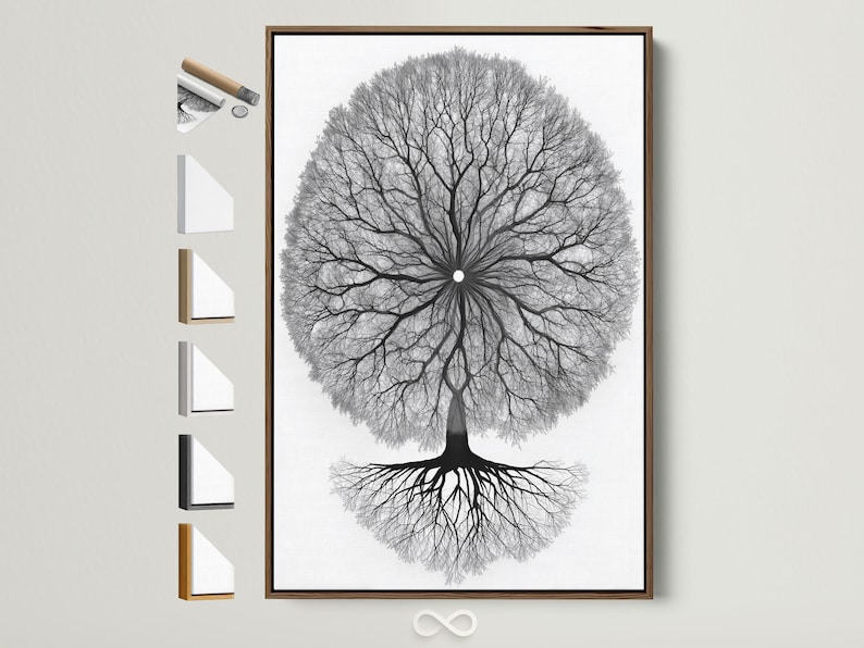 Monochrome tree of life artwork with a circular mandala-like canopy of branches and roots