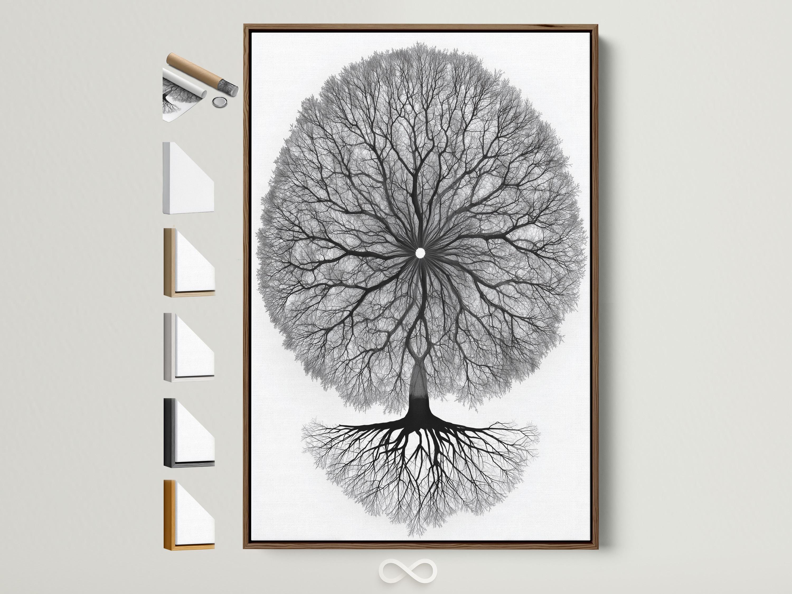 Monochrome tree of life artwork with a circular mandala-like canopy of branches and roots
