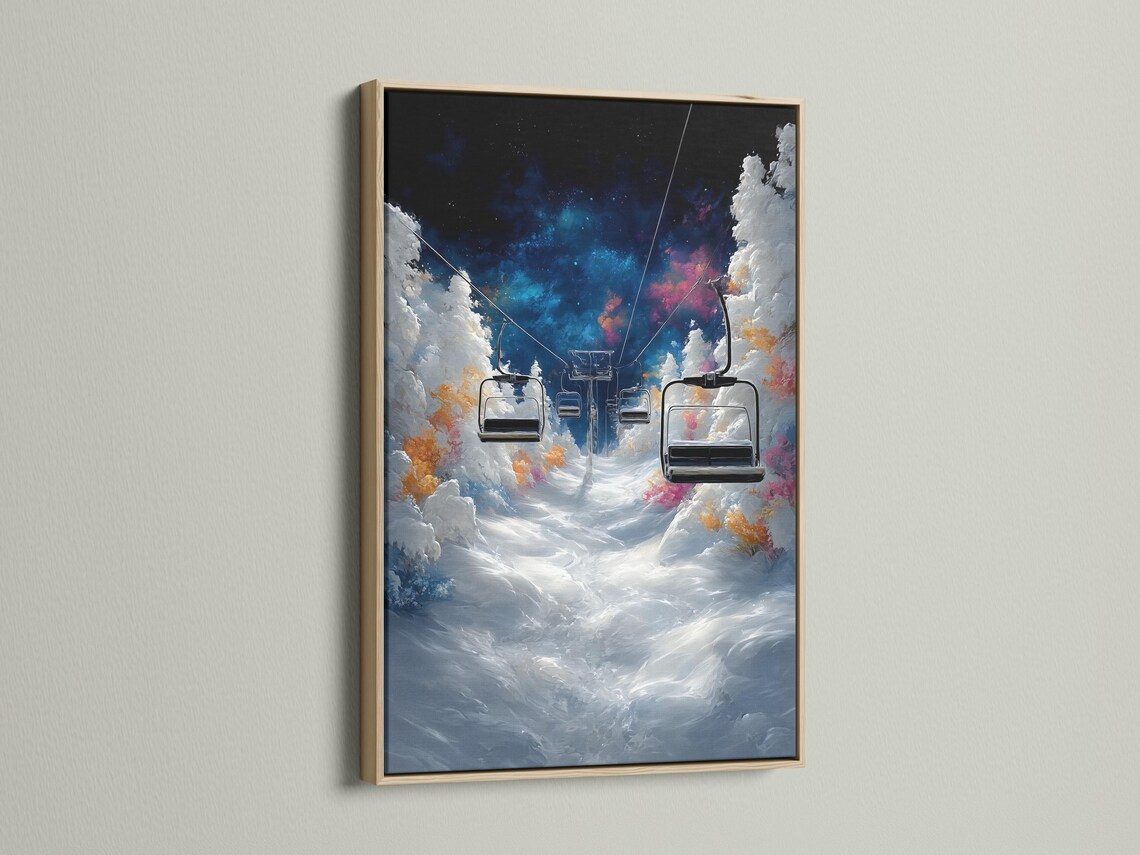 Framed ski lift scene with snowy mountains, chairlift cars and a glowing blue and pink night sky detail view