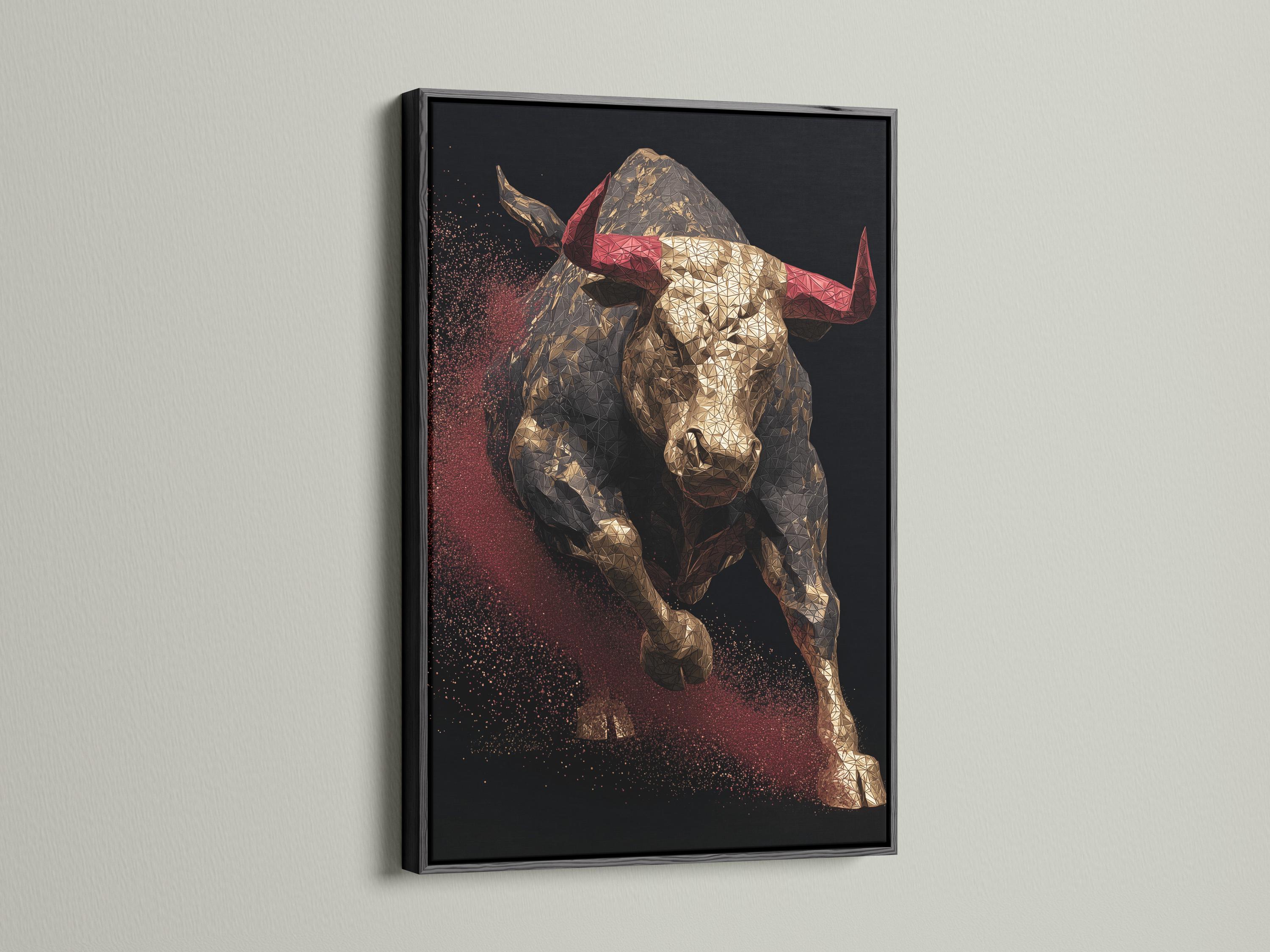 Geometric bull artwork with metallic gold facets and deep red speckles on a dark background detail view