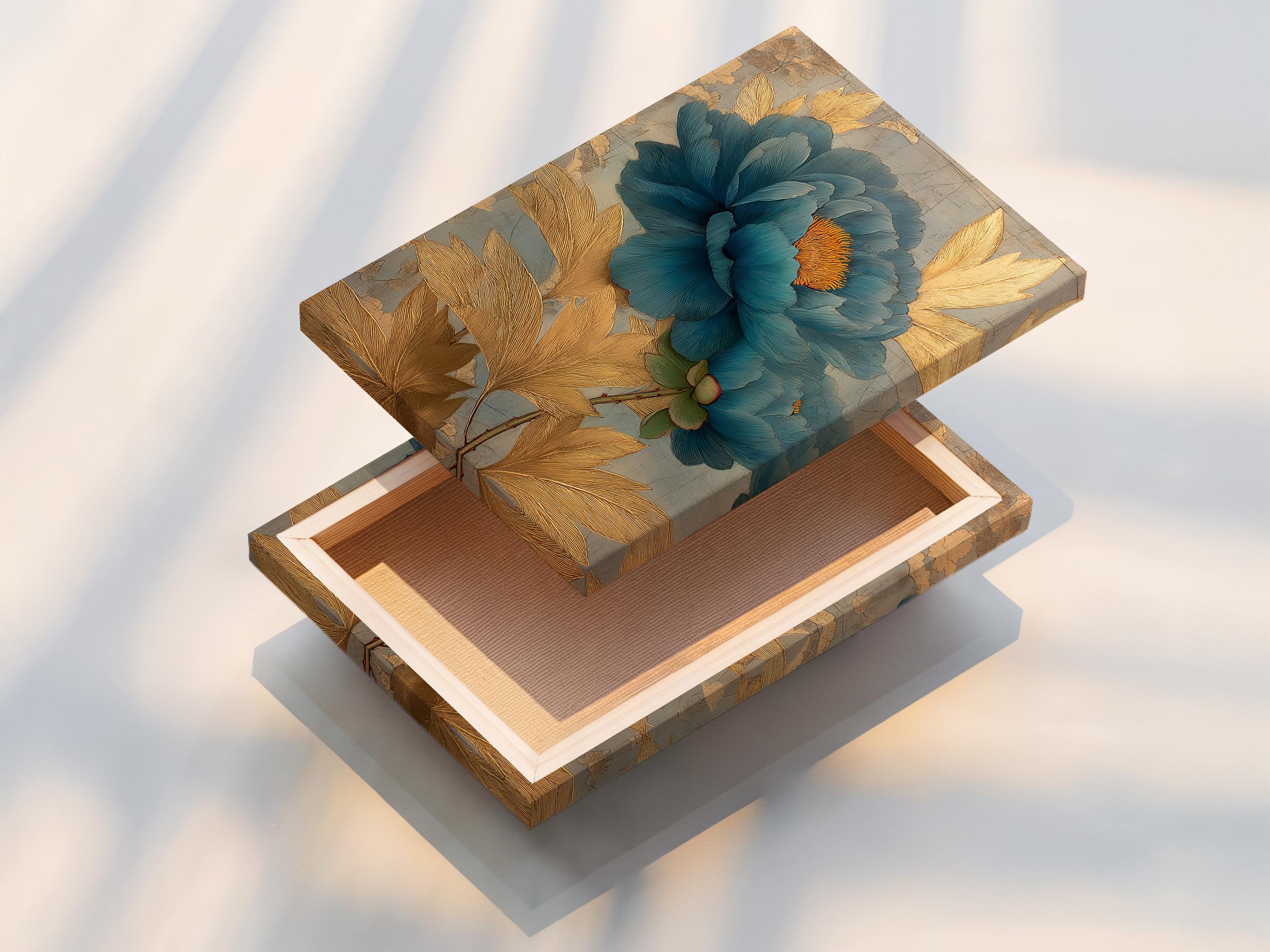 Teal peony flower with gold-brown leaves over a light grey map-like background detail view