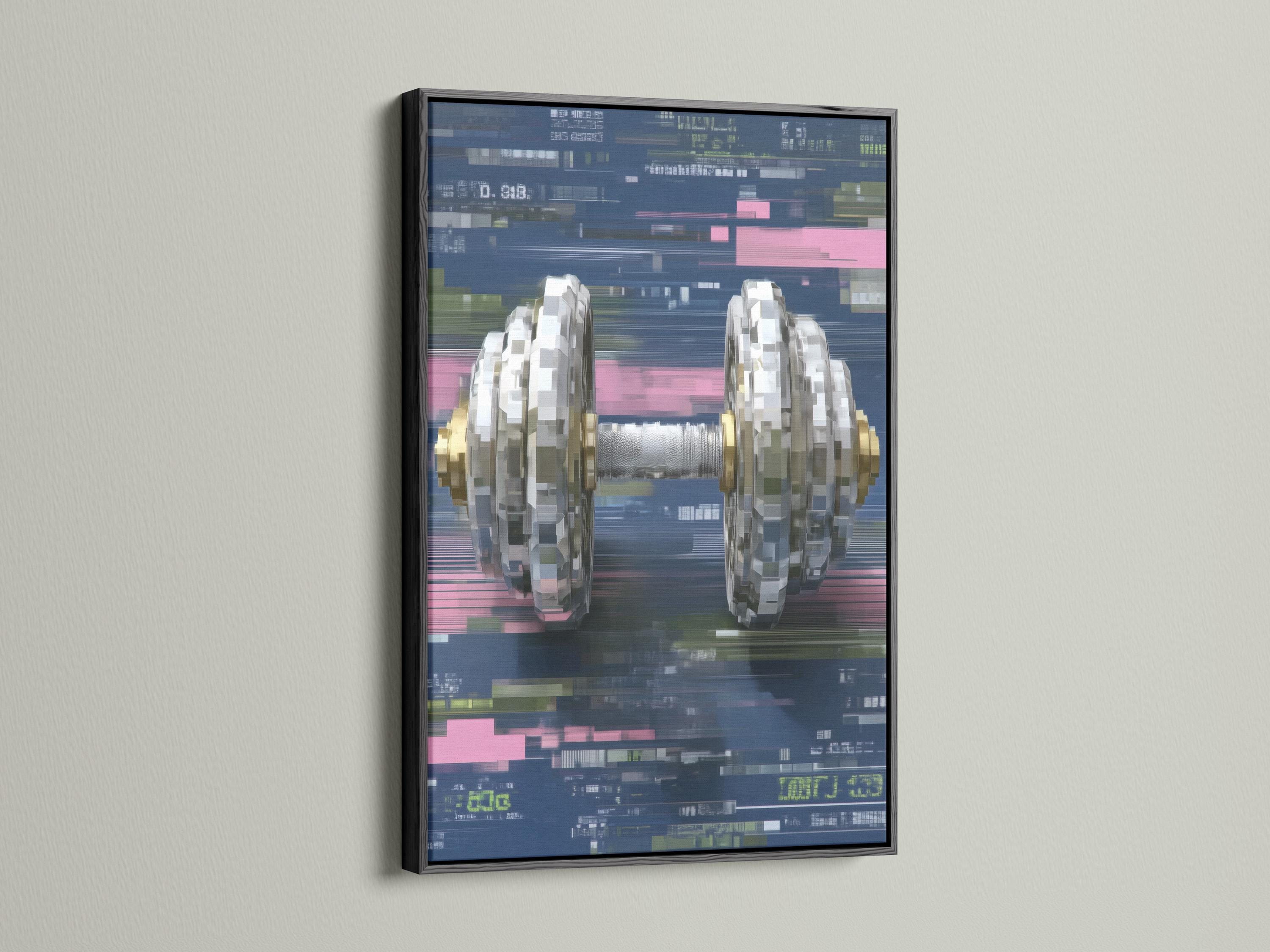 Room mockup showing framed glitch-style dumbbell artwork on a light wall