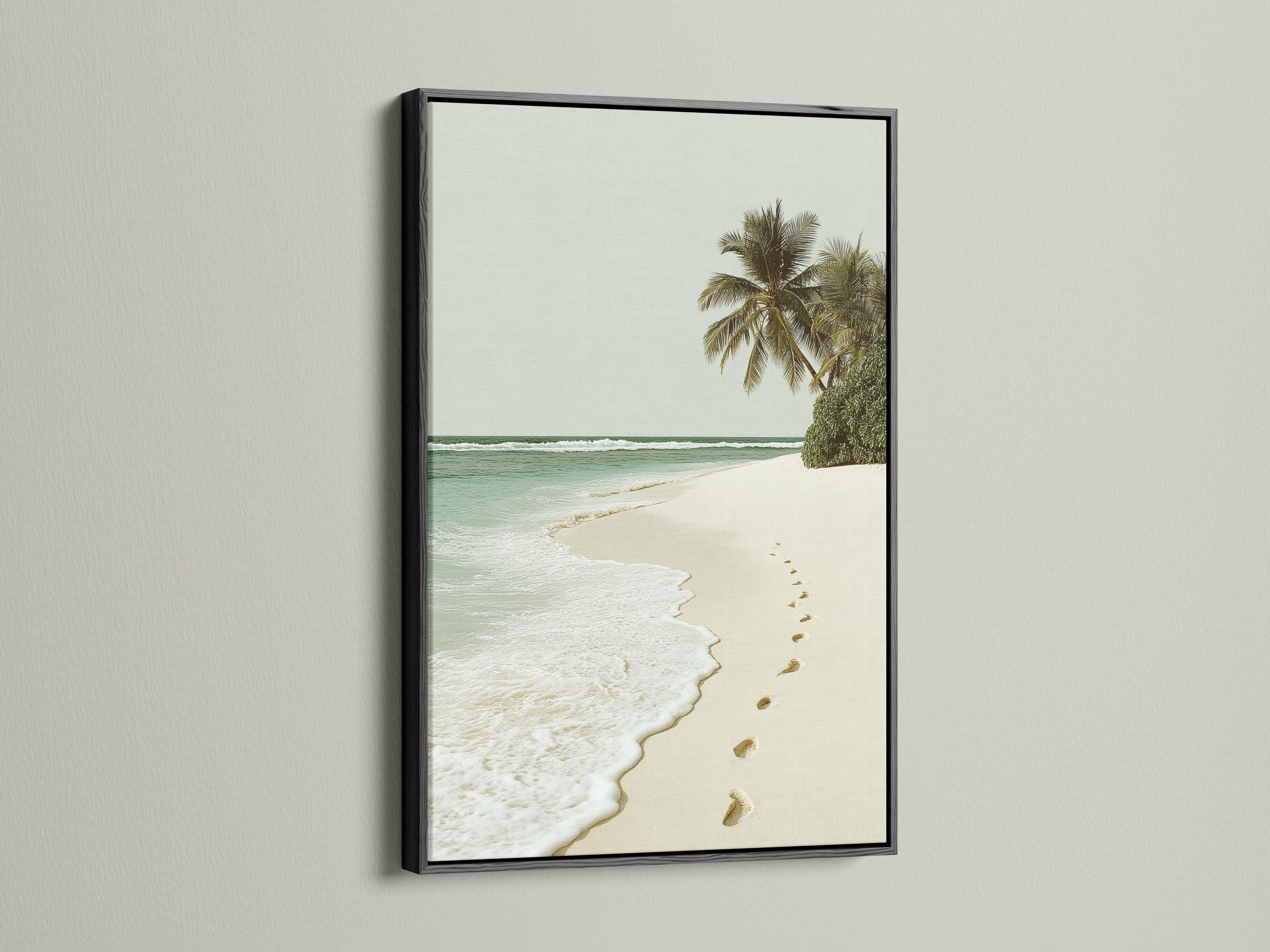 Palm beach seascape with turquoise ocean, sandy shore and footprints leading along the beach detail view