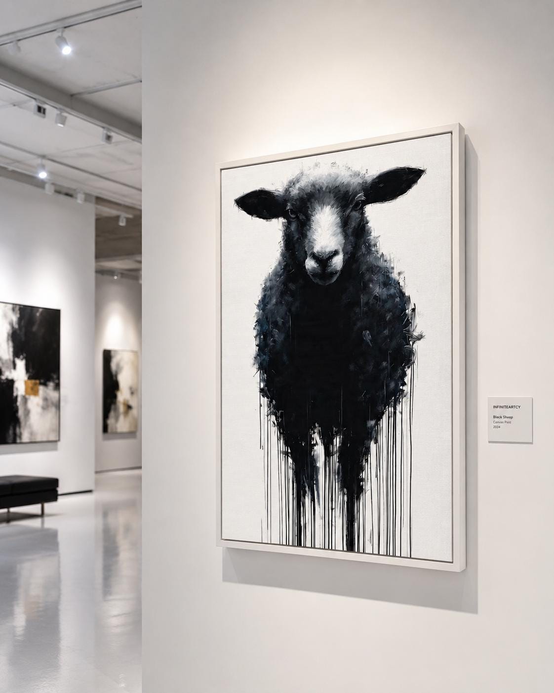 Sheep portrait artwork displayed in a bright industrial-style room