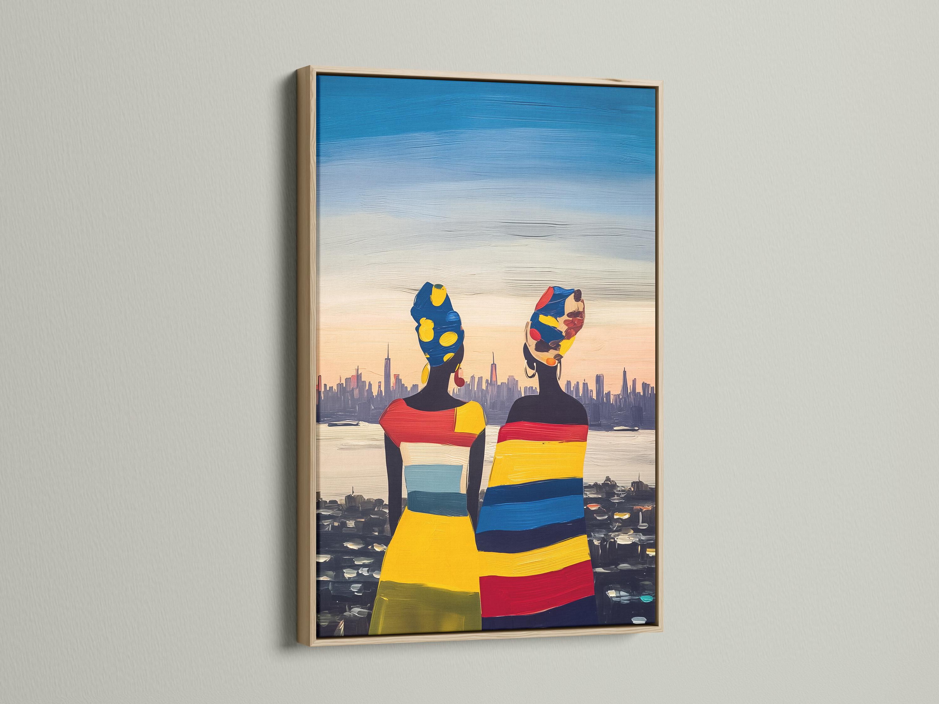 Framed artwork mockup showing two stylised women figures in bright colours with a city skyline background