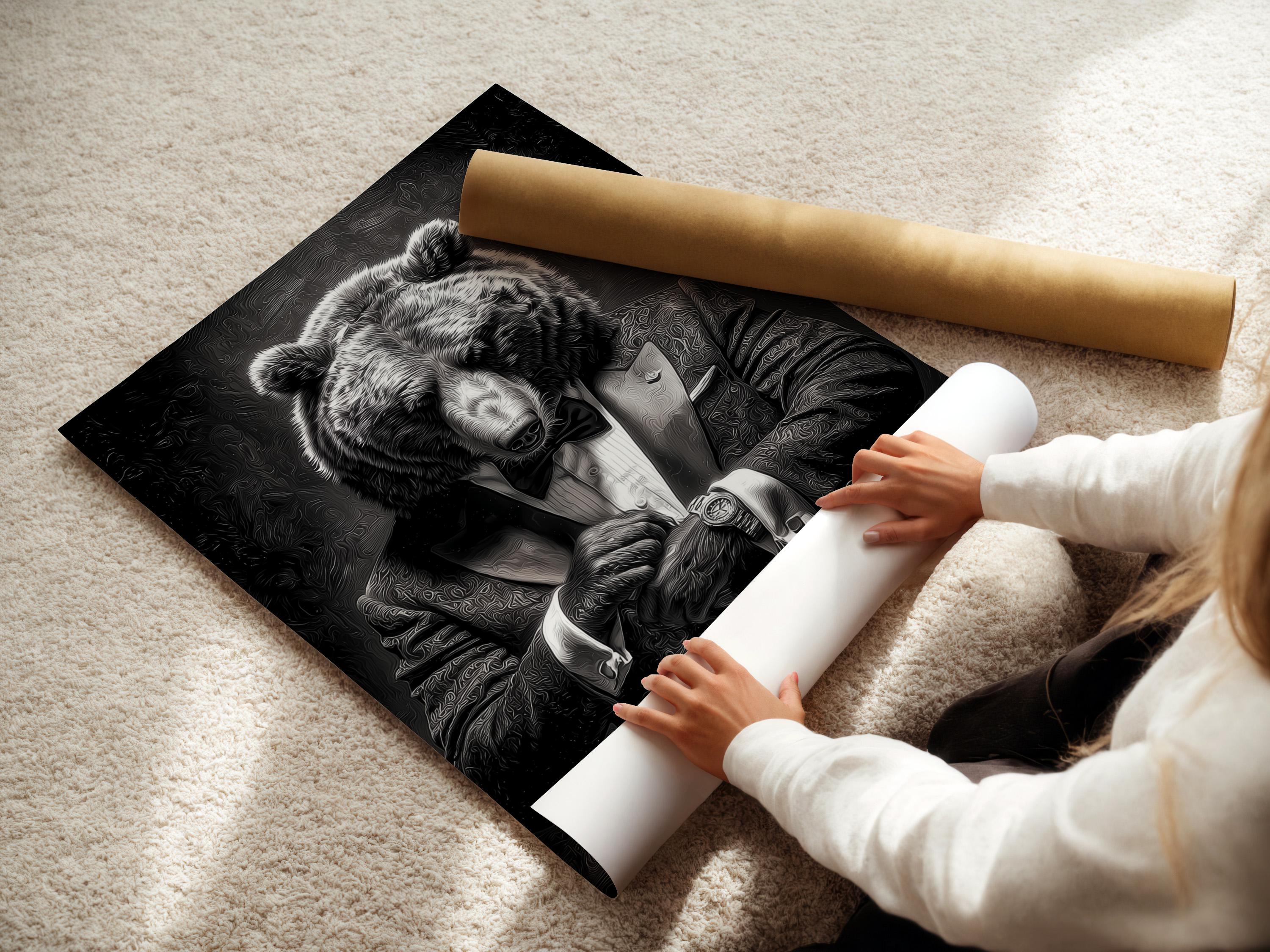 Bear portrait artwork shown in framed mockups with black, white and gold variations