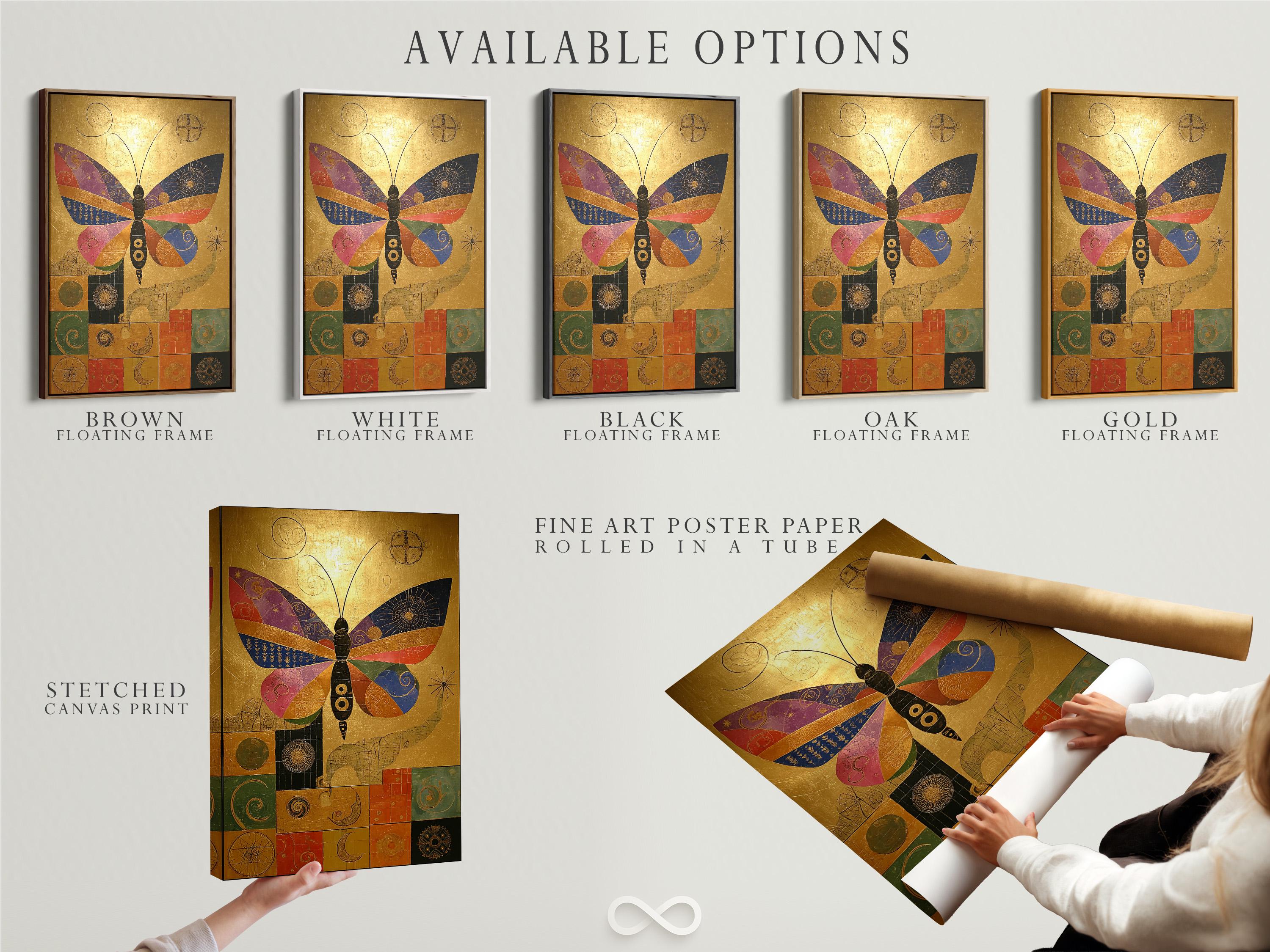 Artwork mockup showing a gold butterfly design in a frame with tile-like geometric details