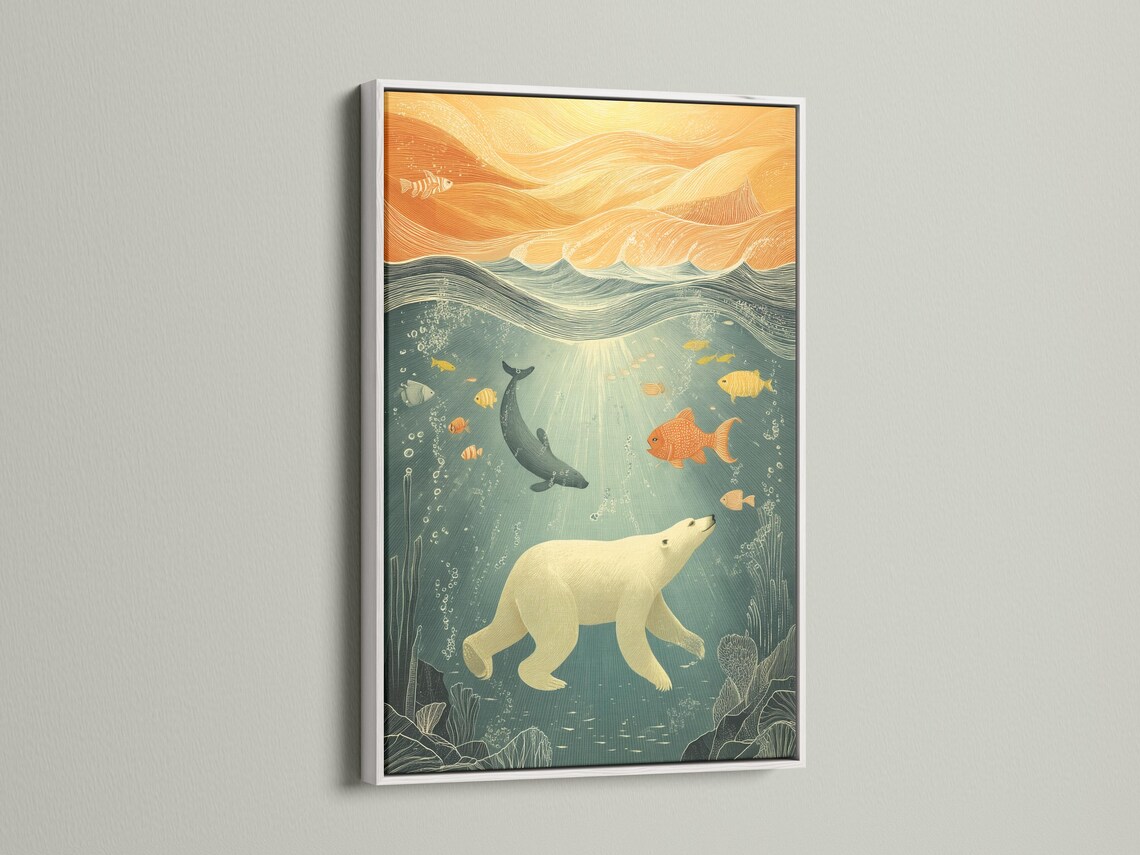Underwater scene with a polar bear, fish and a whale in seafoam teal and warm gold waves detail view