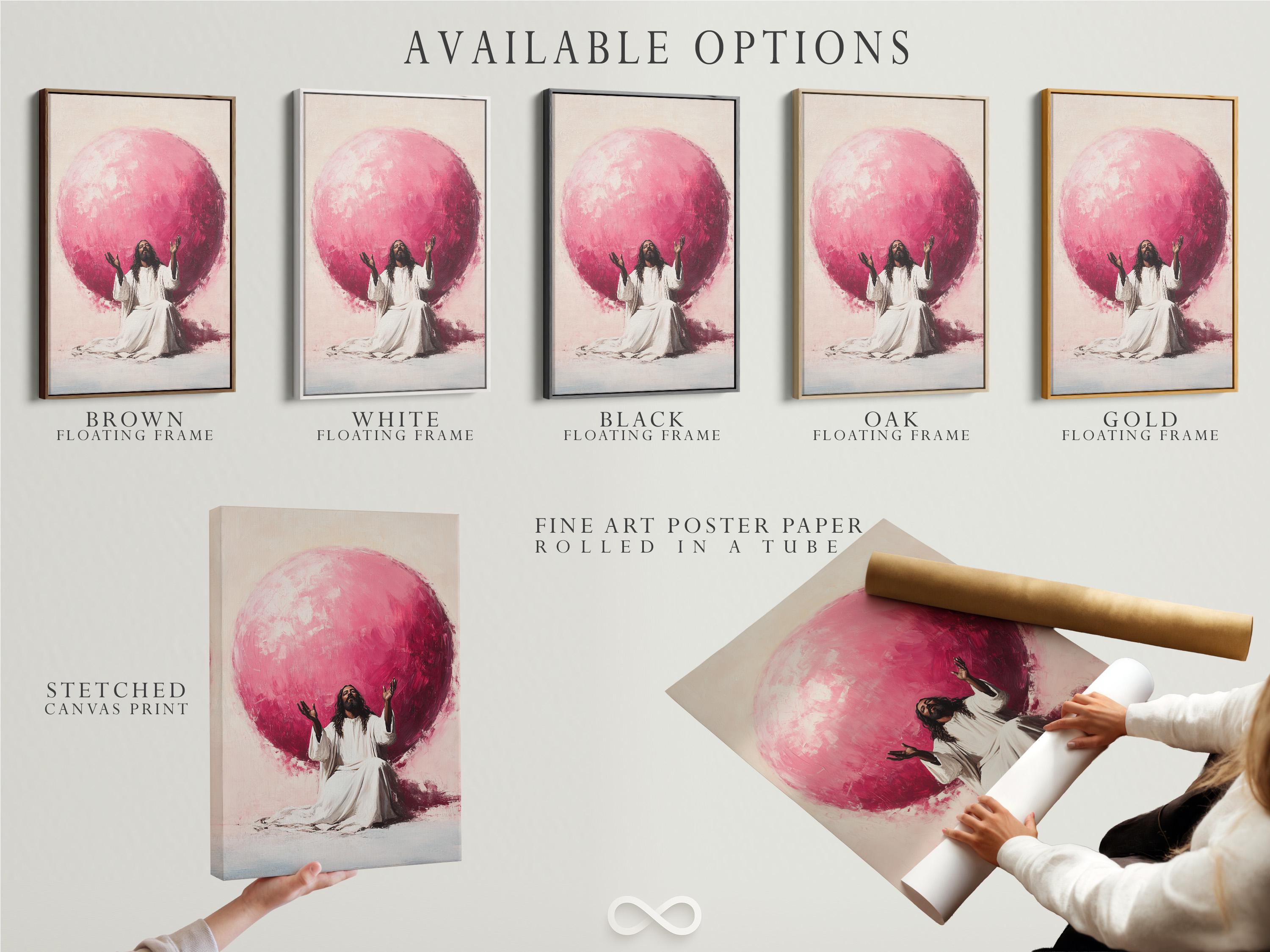 Seated robed figure with raised hands beneath a large glowing pink orb on a beige background detail view