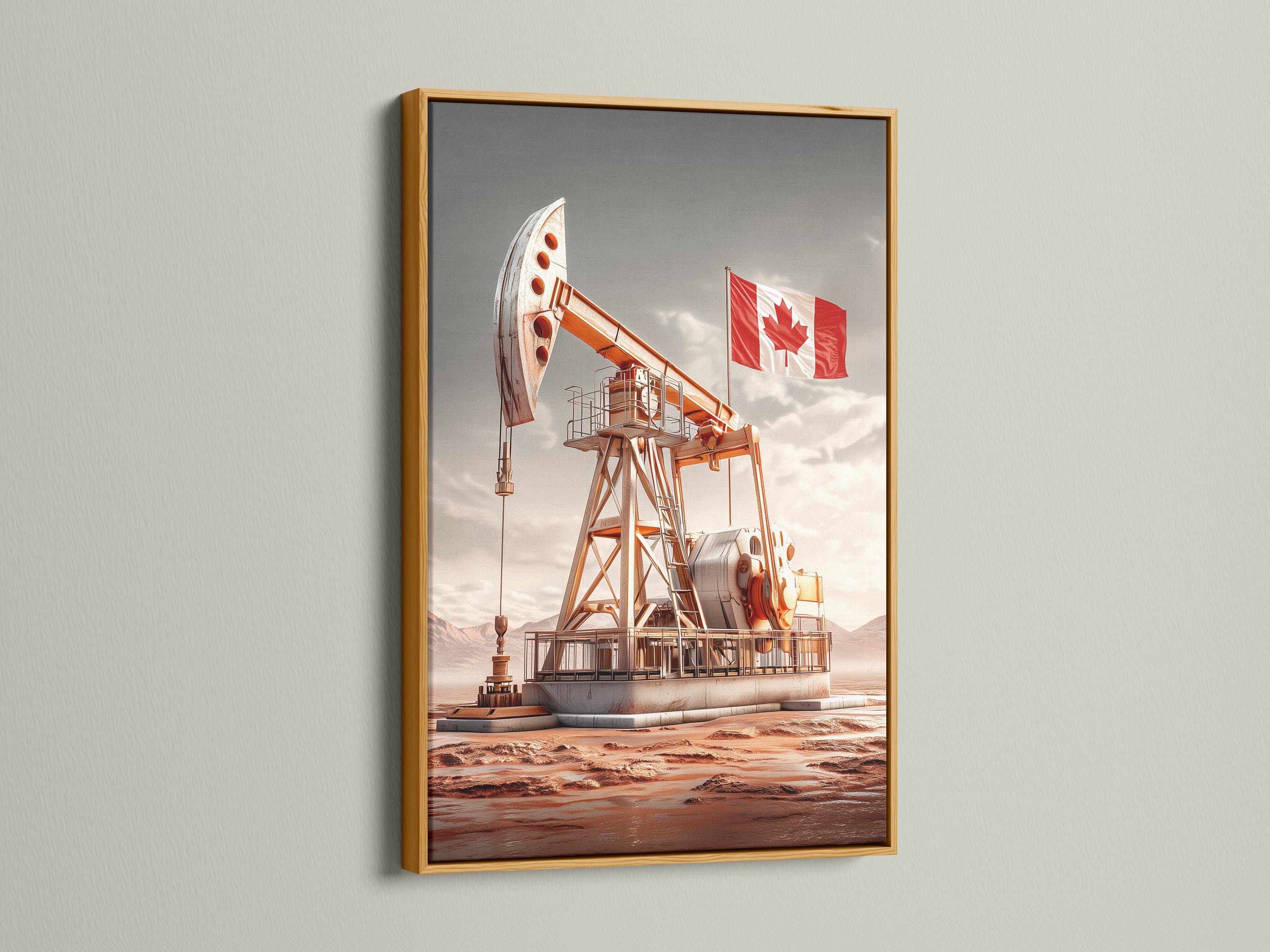 Oil derrick in a desert landscape with a waving red Canada flag detail view