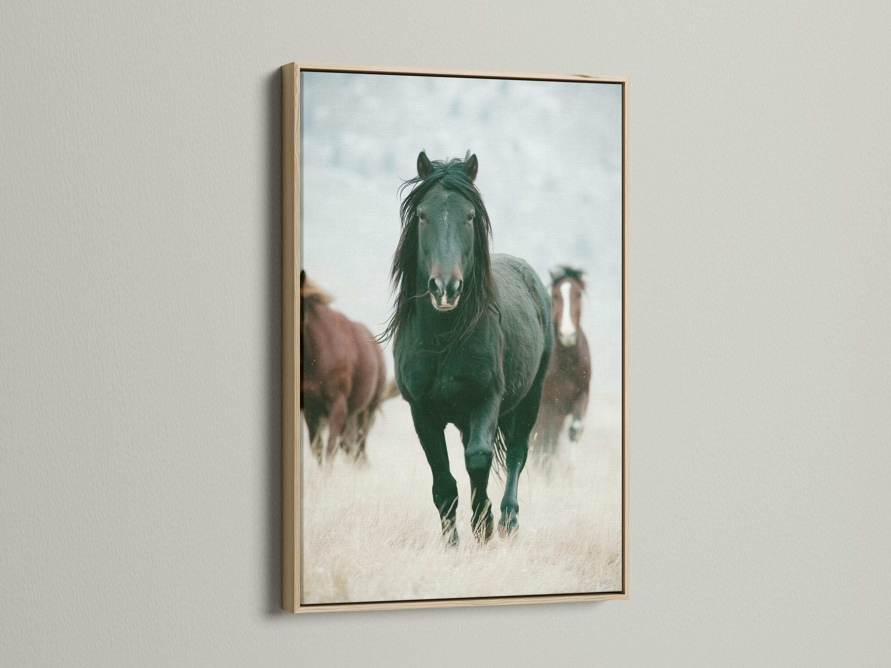 Muted green horse portrait with a pale misty background and a blurred second horse detail view