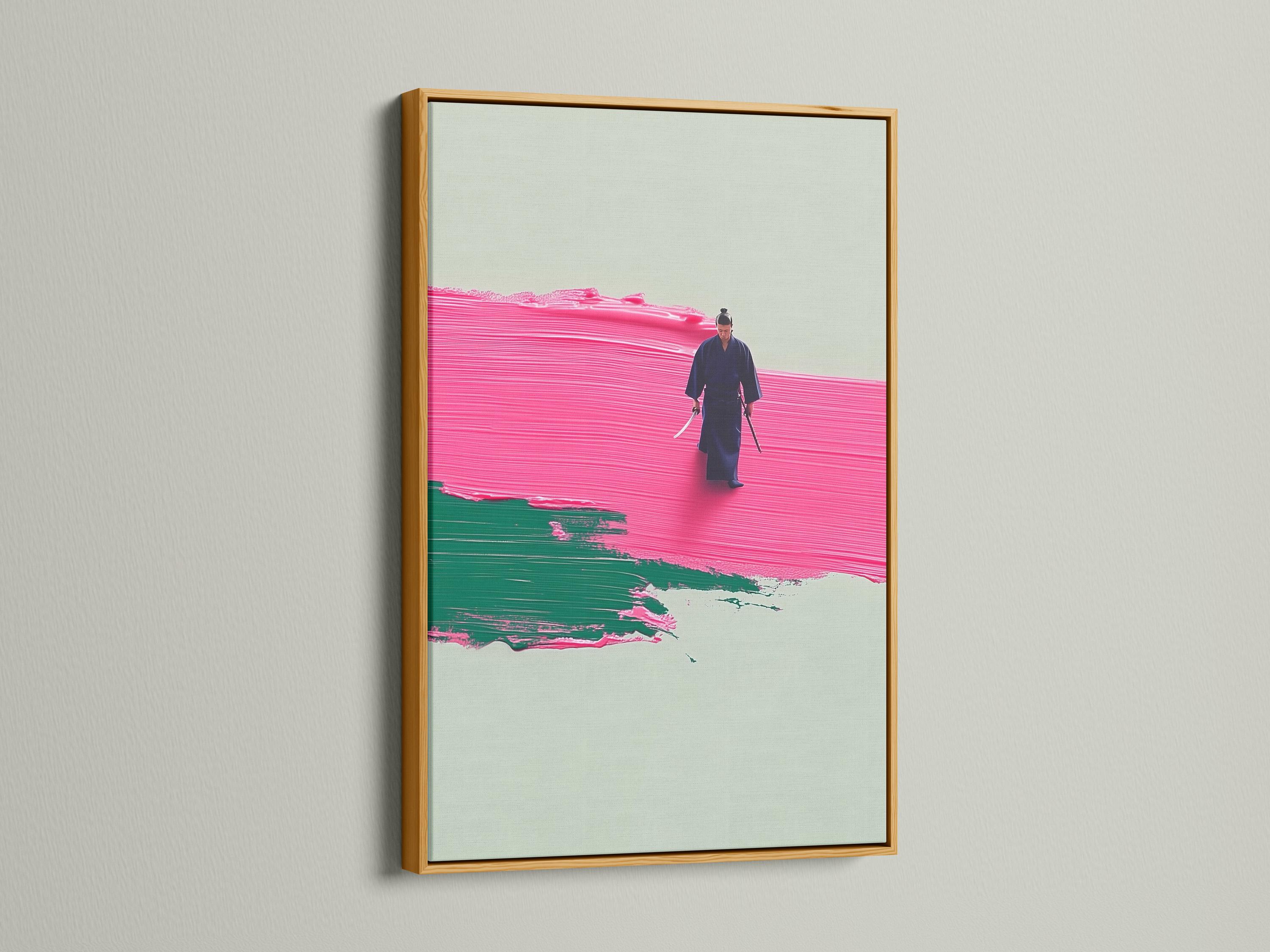 A stylised warrior figure walking across hot pink and emerald green textured bands on a pale background detail view