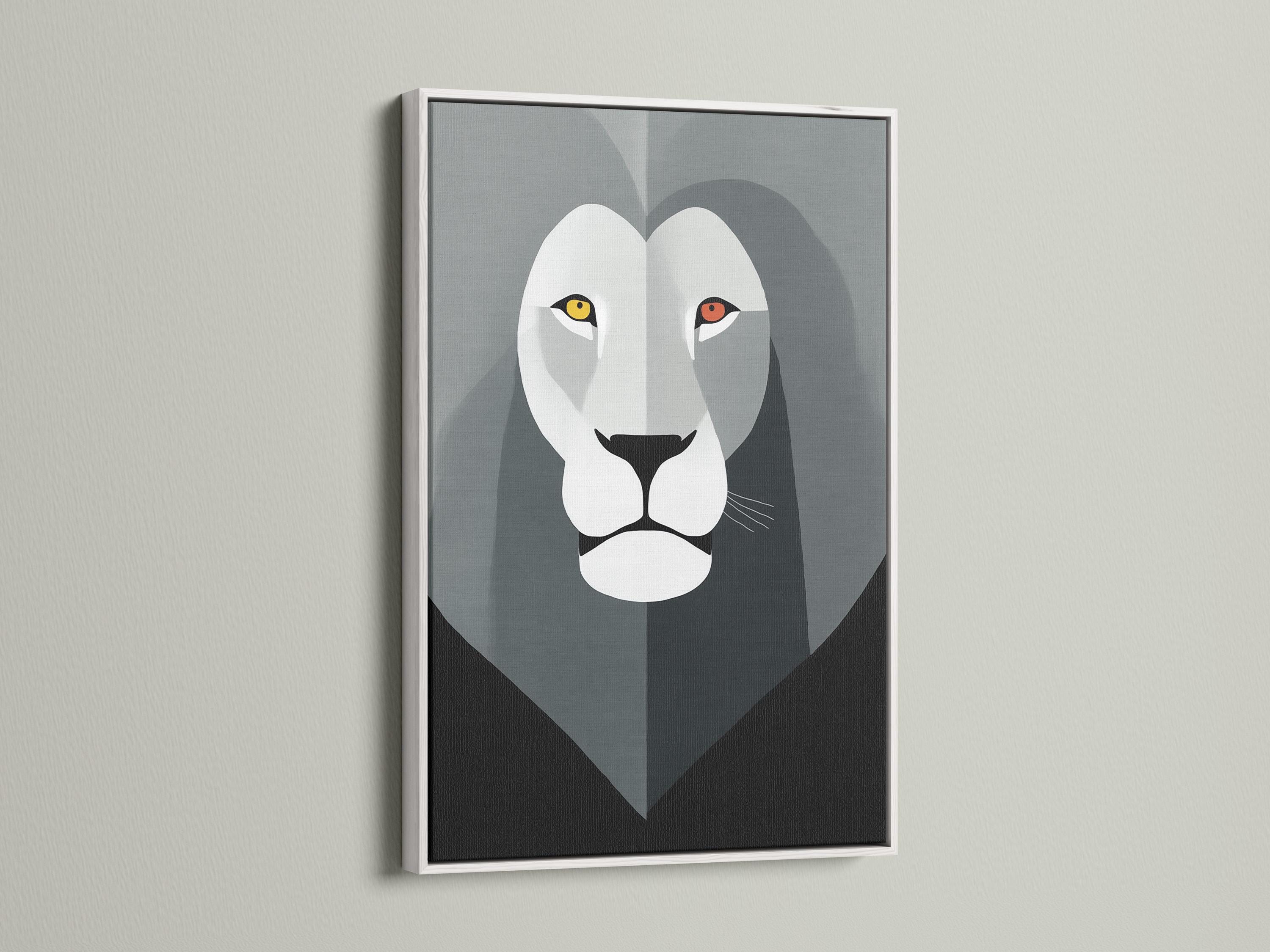 Geometric lion face artwork in grey and white with yellow and red eye accents detail view