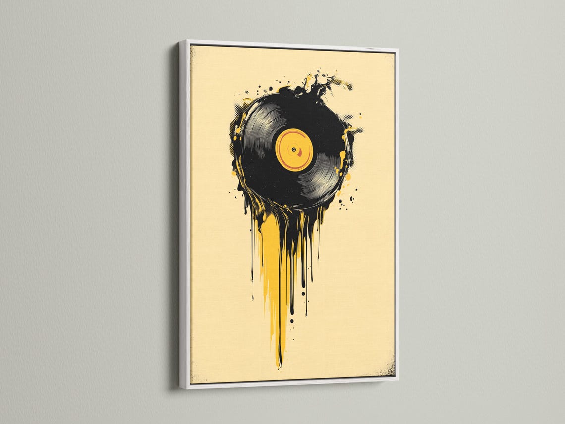 Room mockup showing a framed black and yellow vinyl record illustration with drip and splatter details